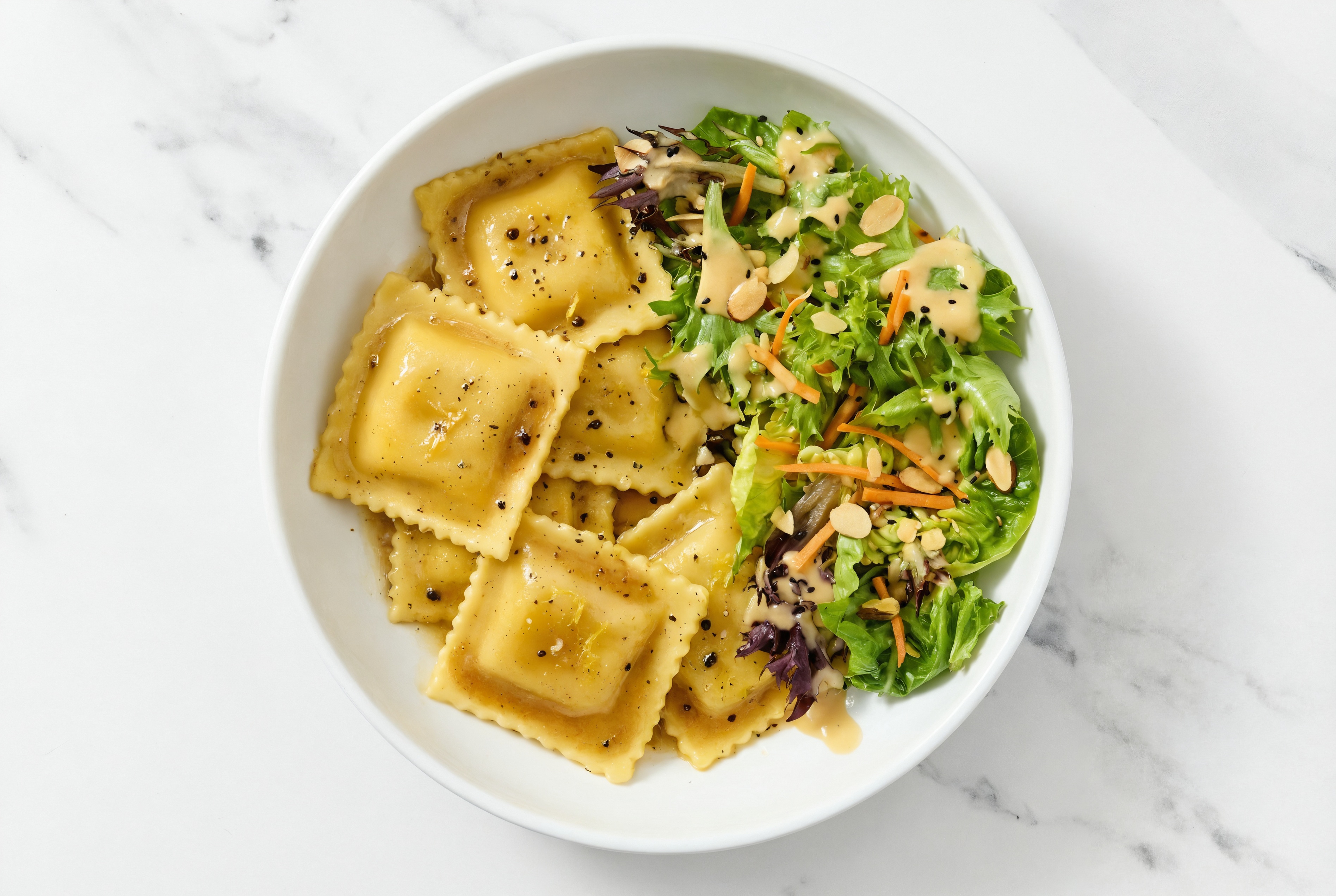 Lemon Pepper Brown Slow Churned & Peppercorn Pasture Butter Ravioli + Little Gem Salad
