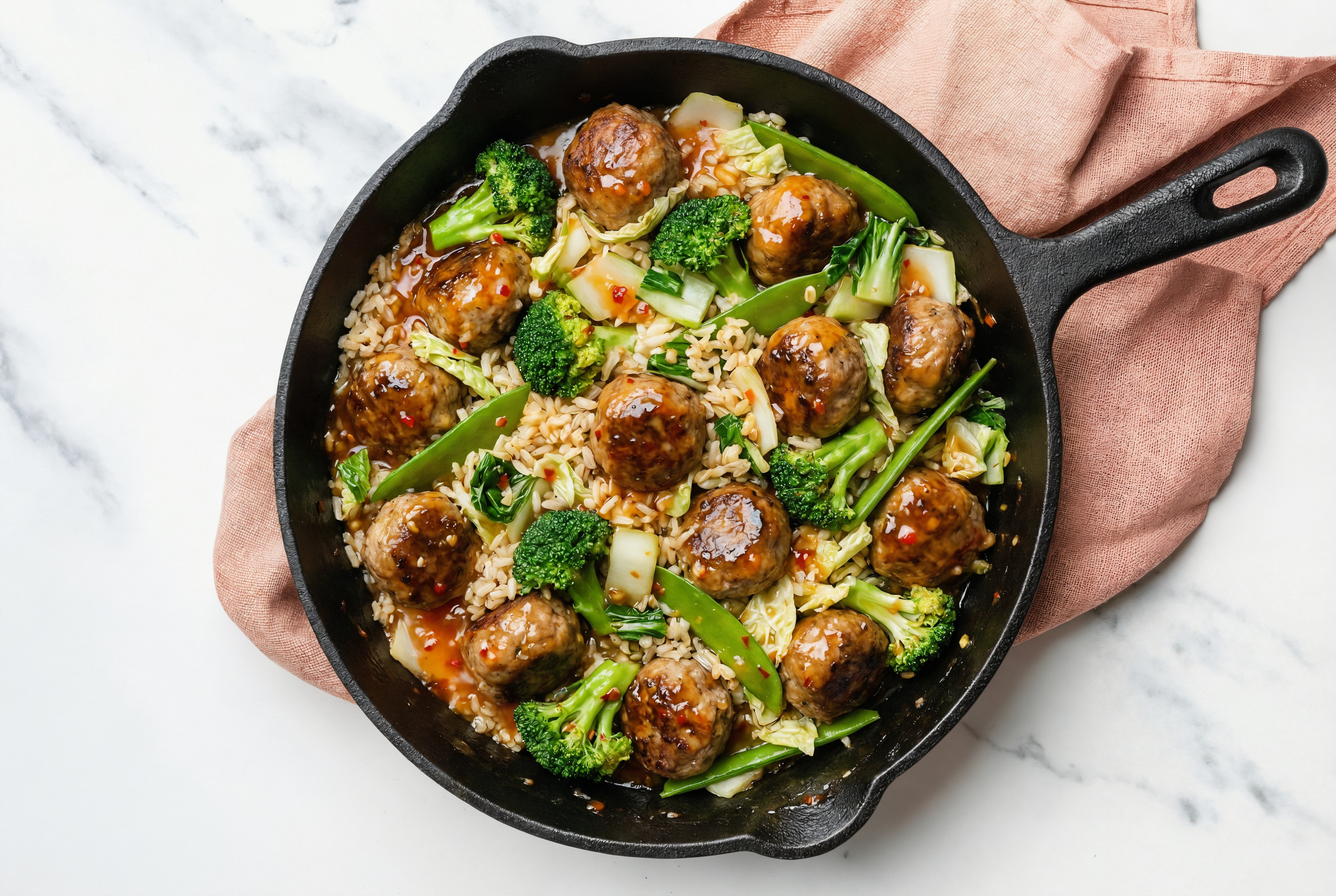 Sweet Chili Meatball Stir-Fry with Bok Choy over Brown Rice