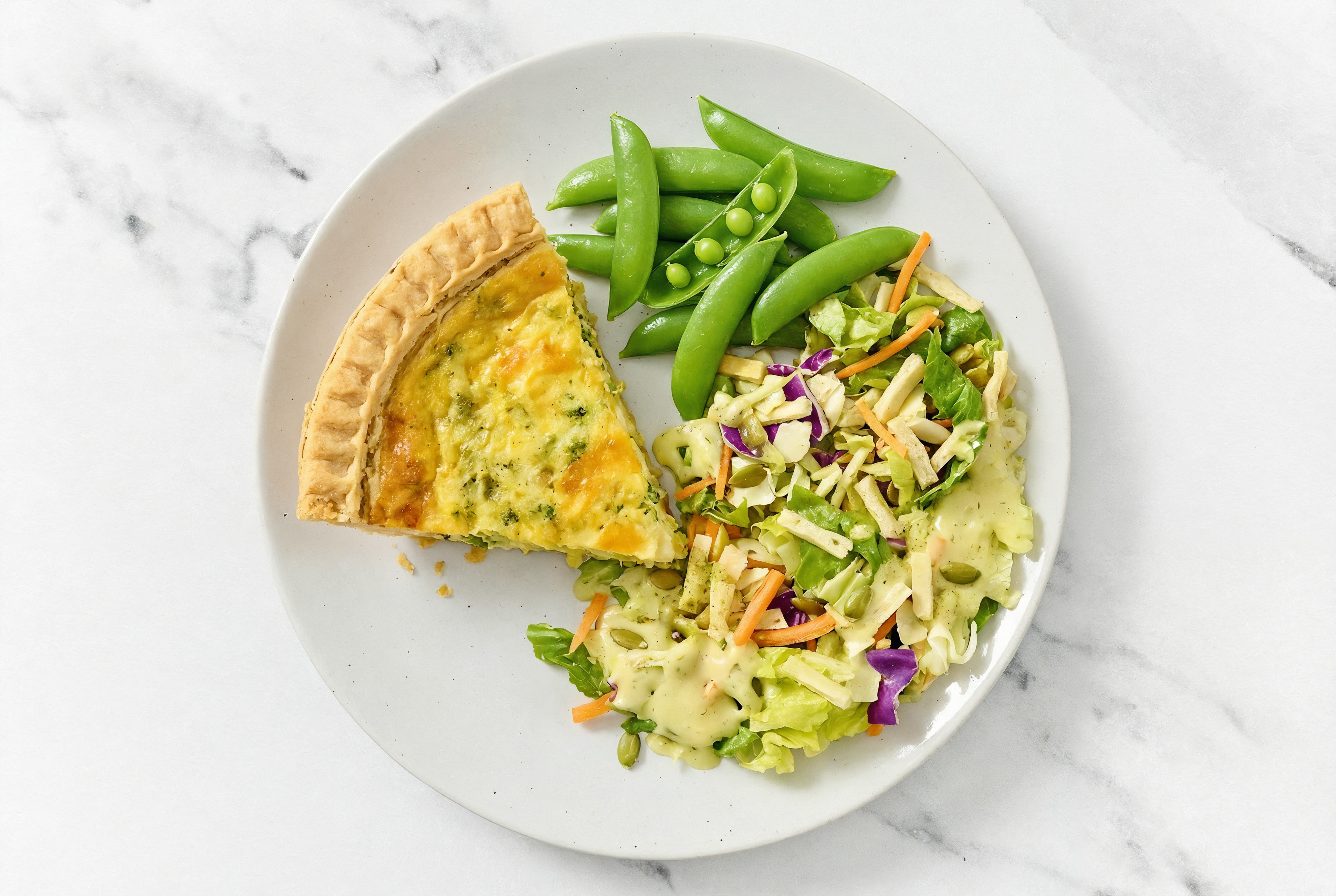 Broccoli & Cheddar Quiche with Snap Peas & Goddess Salad