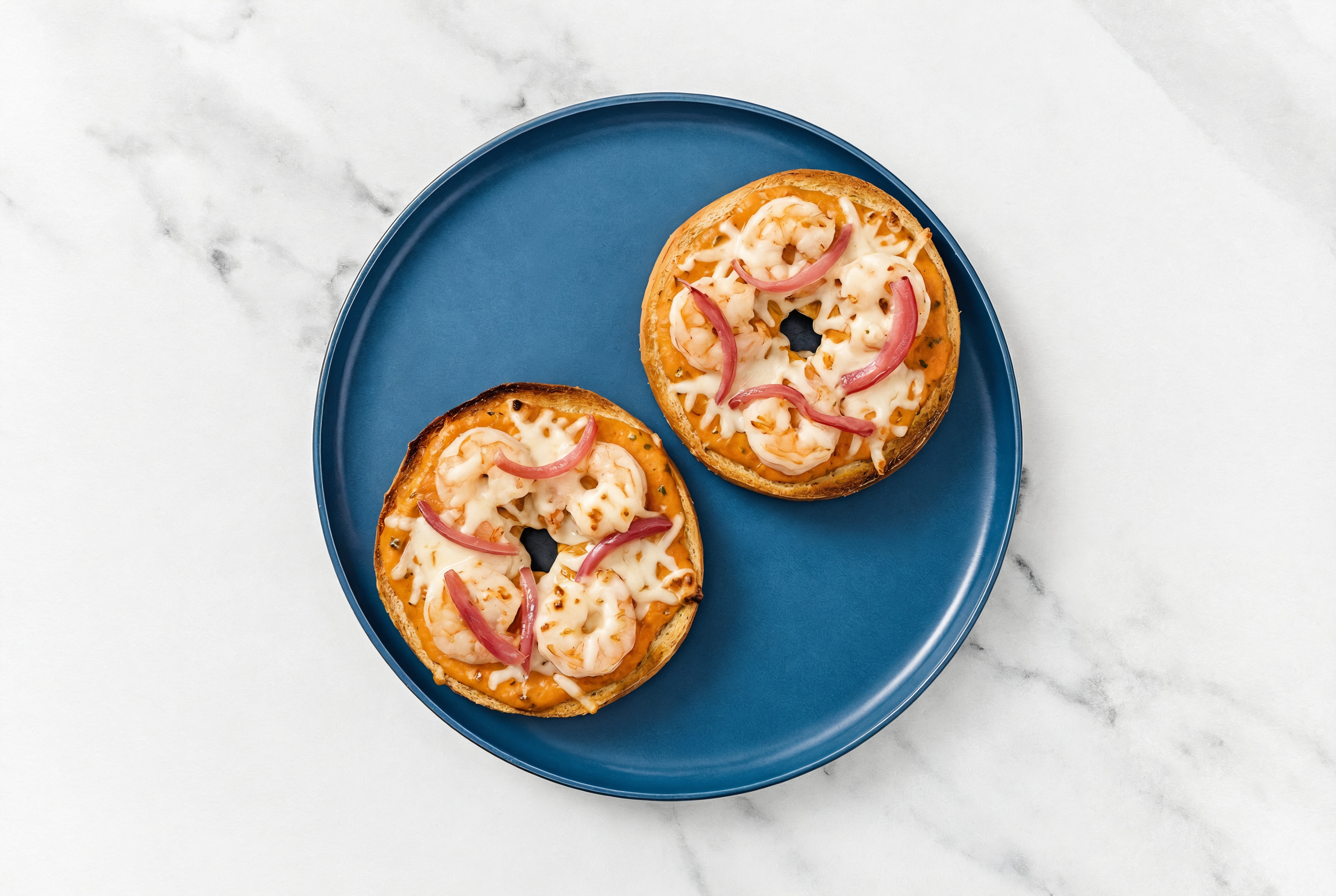 Creamy Shrimp Pizza Gluten-Free Plain Bagels with Pickled Onion