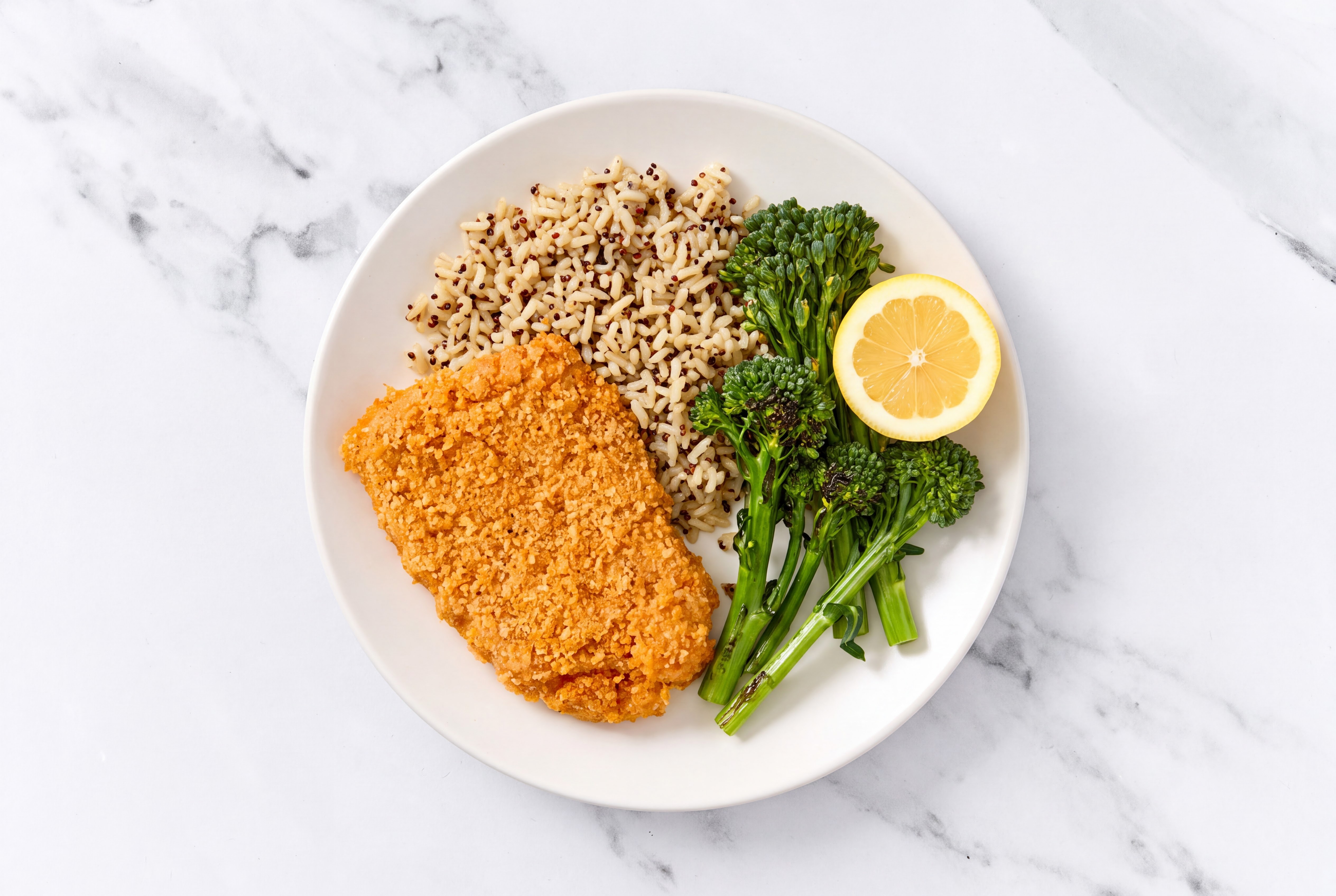 Lemon Hot Honey Breaded Chicken Cutlet with Baby Broccoli & Brown Rice