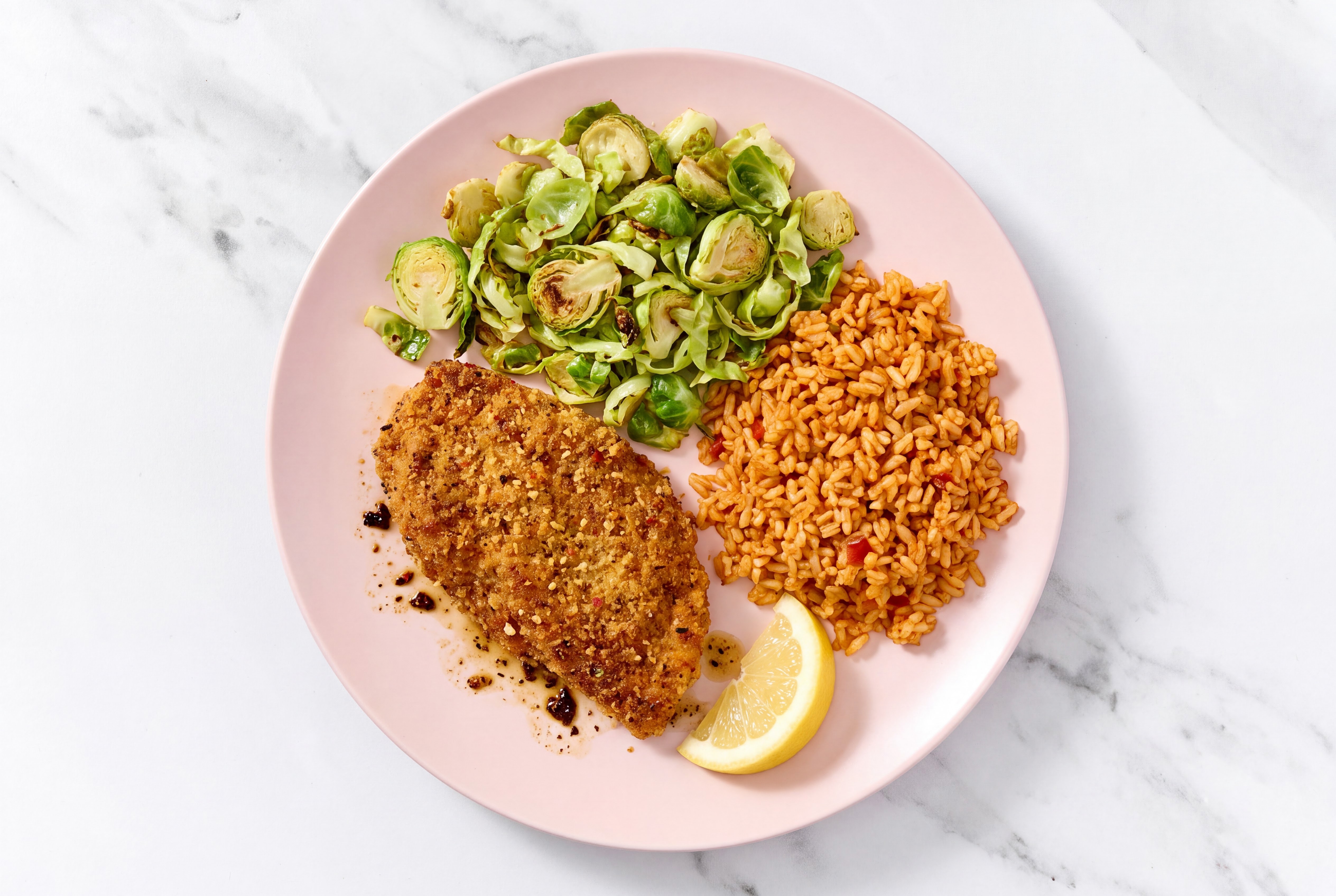 Lemon Parmesan Breaded Chicken Cutlet with Brussels Sprouts & Mexican Rice