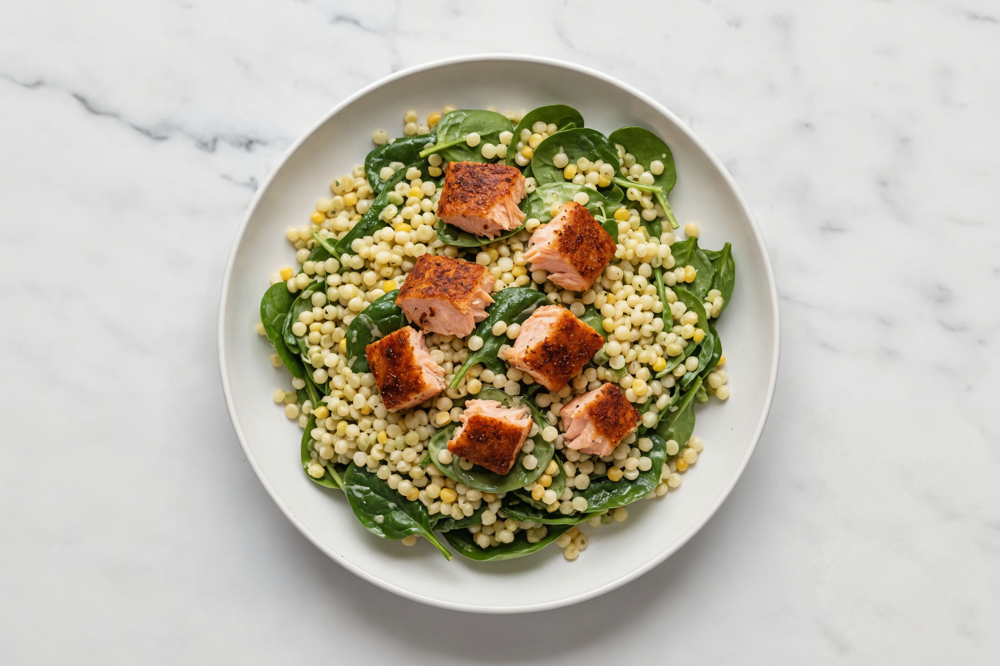 Herby Blackened Salmon Couscous Pasta Salad with Baby Spinach