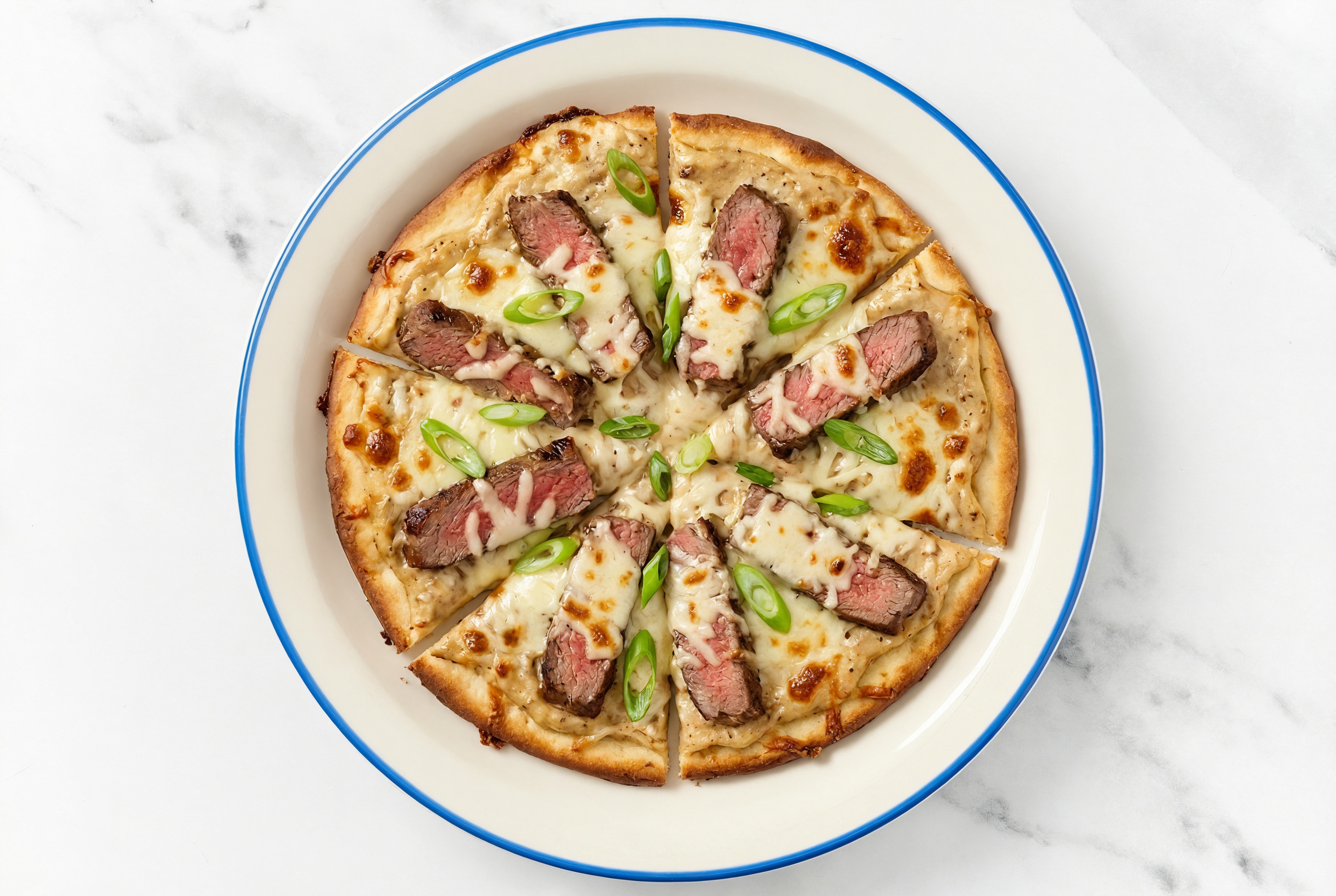 Sweet Onion Seasoned Sirloin Pizza with "Mozzarella" + Fresh Scallions