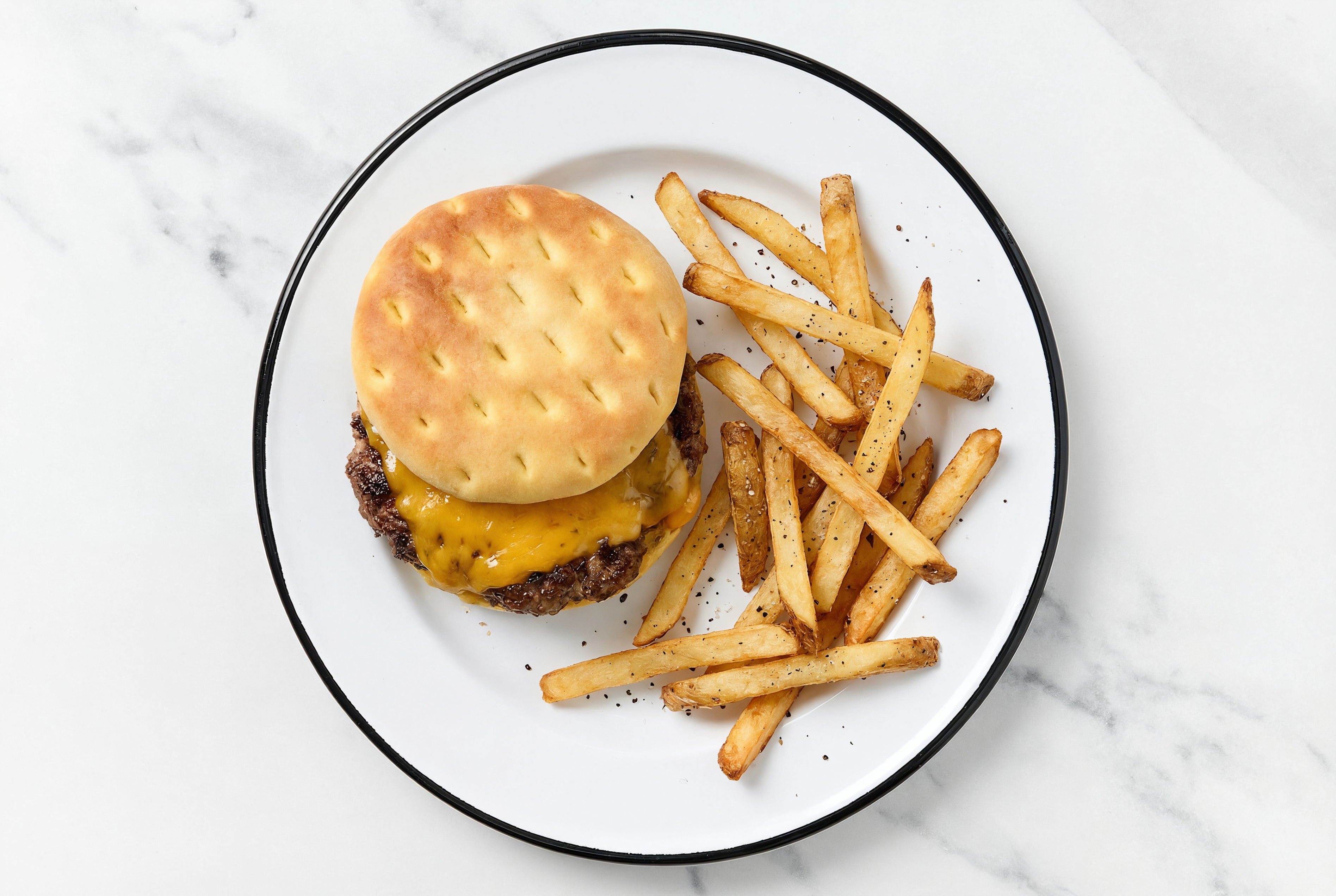 Zesty Beef Cheeseburger + Fries with Shredded Sharp Cheddar Cheese