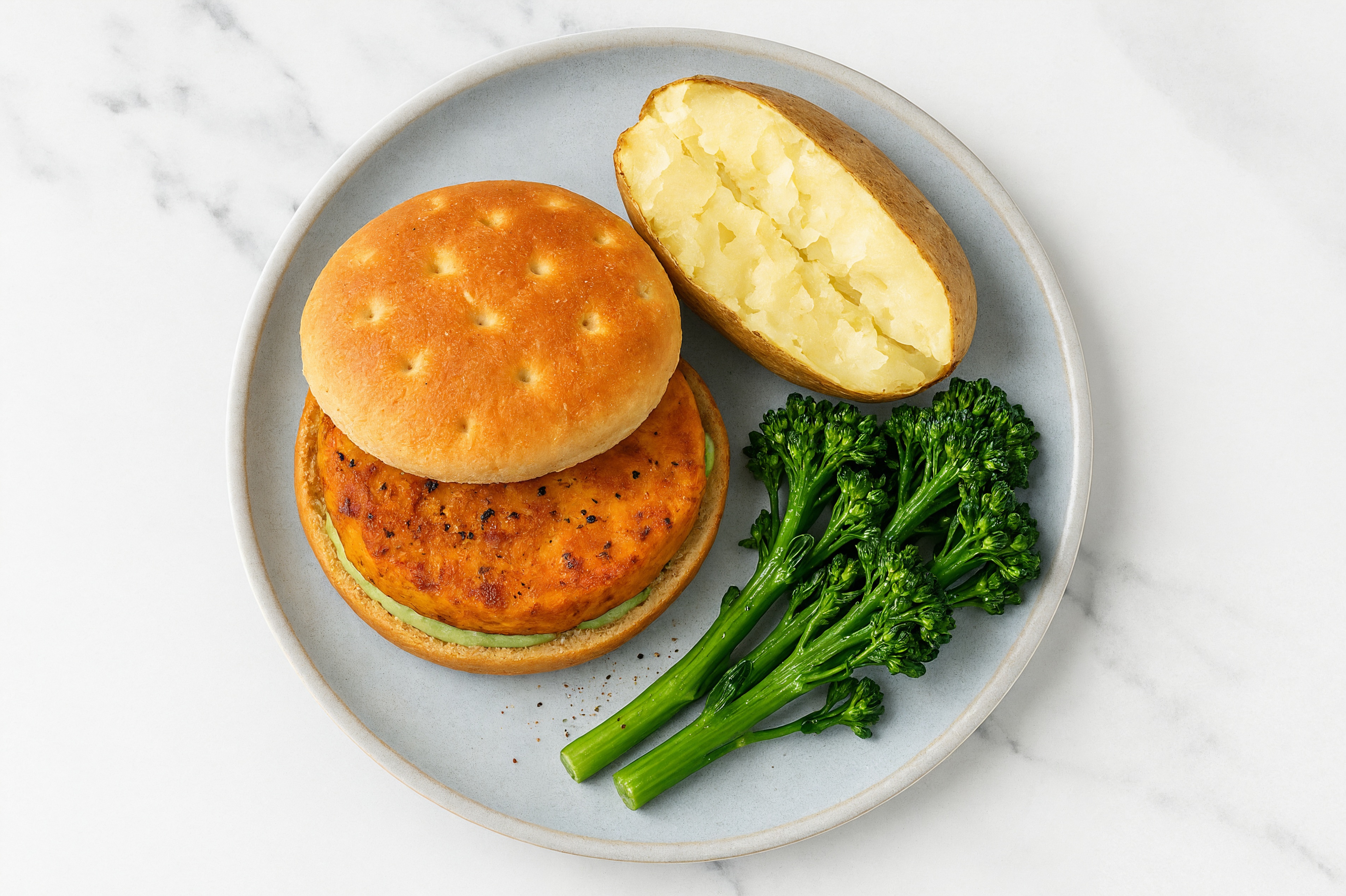 Pesto Sweet Potato Burger on Brioche with Baby Broccoli