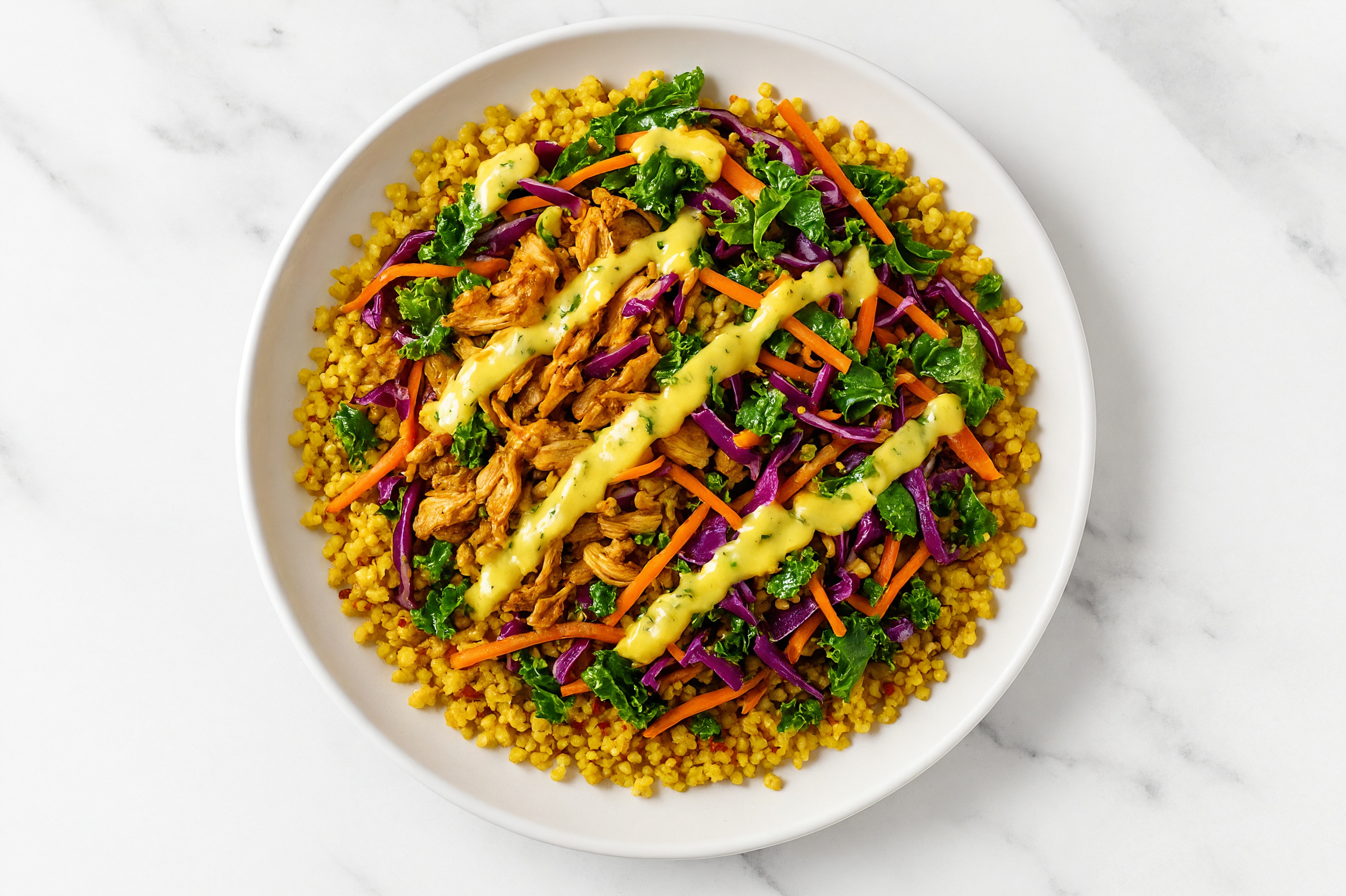 Hearty Shawarma-Style Chicken Thighs + Couscous Rainbow Bowl