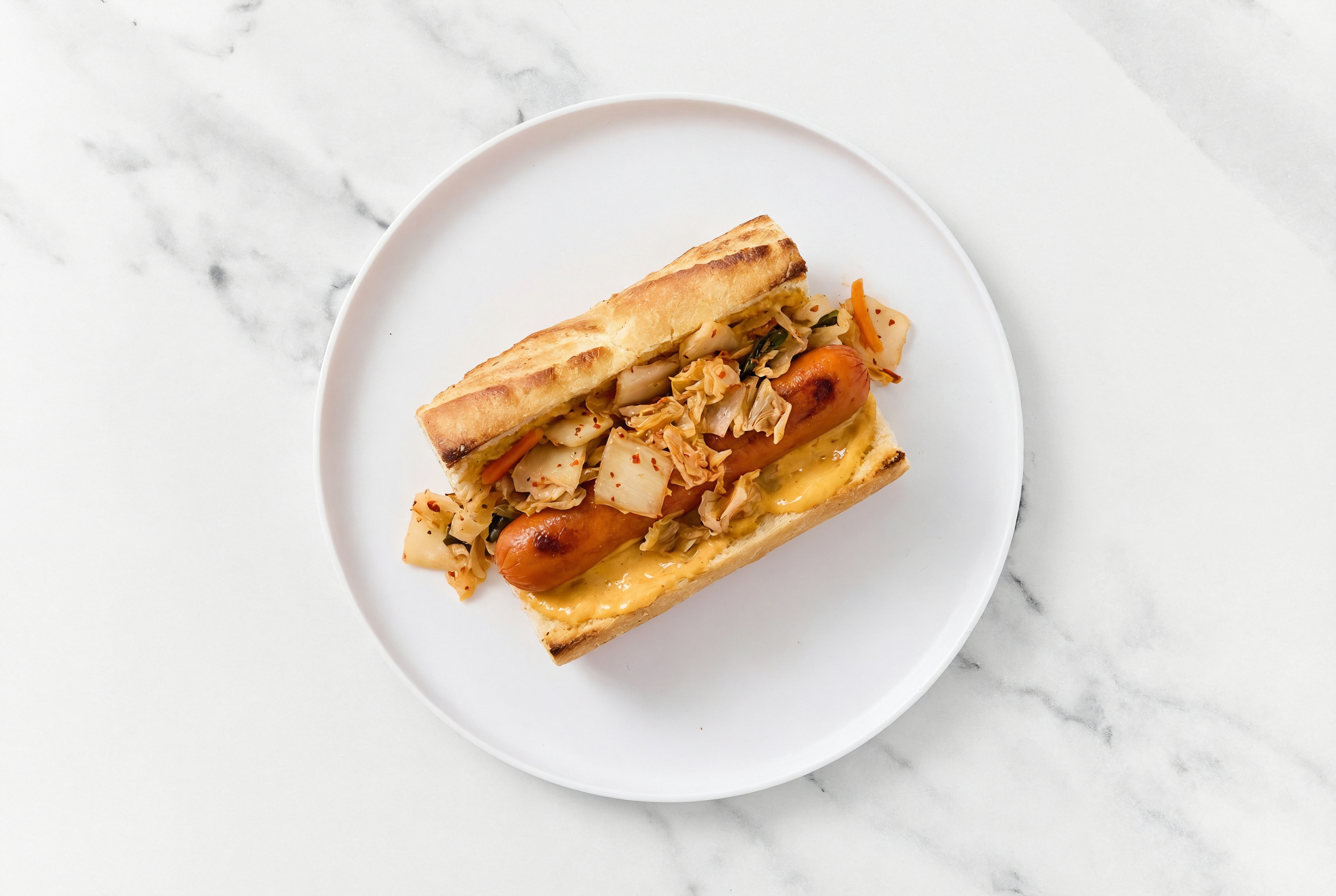 Kimchi Smart Dog with Super Special Sauce on Baguette