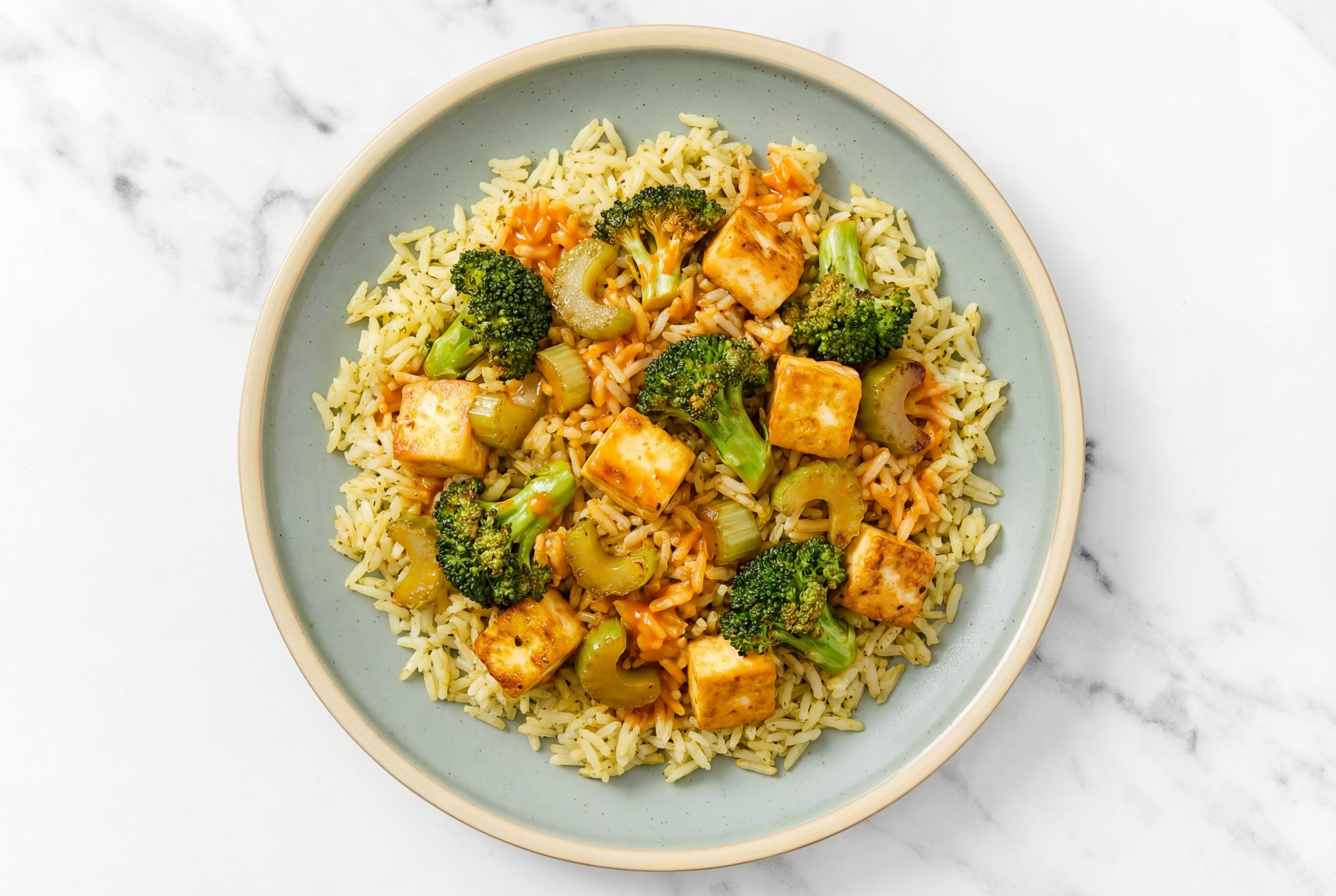 Paneer in Peppery Sauce with Broccoli + Celery over Seasoned Jasmine Rice