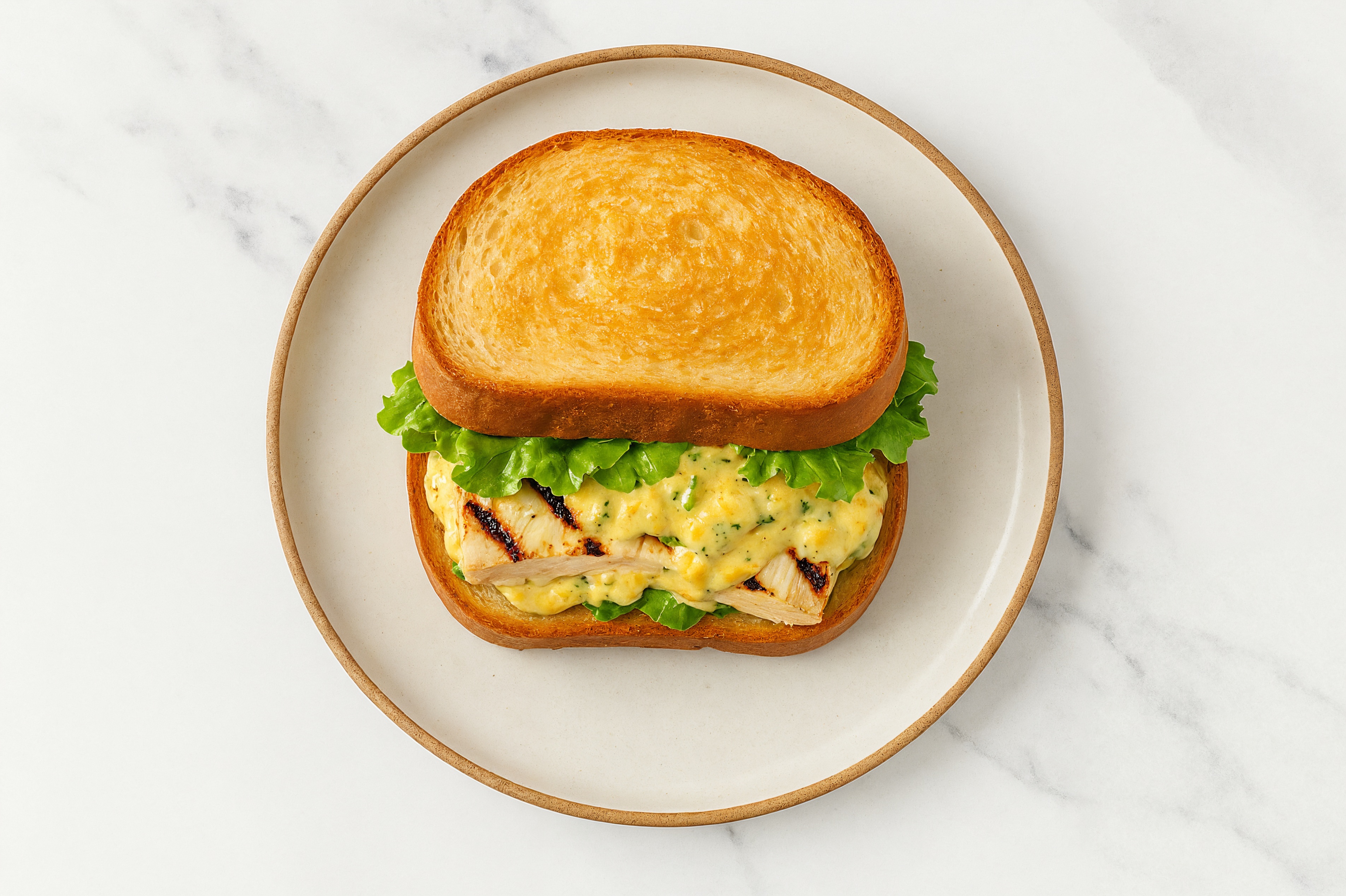 Street Corn Grilled Chicken Sandwich with Green Leaf Lettuce on Honey White Bread