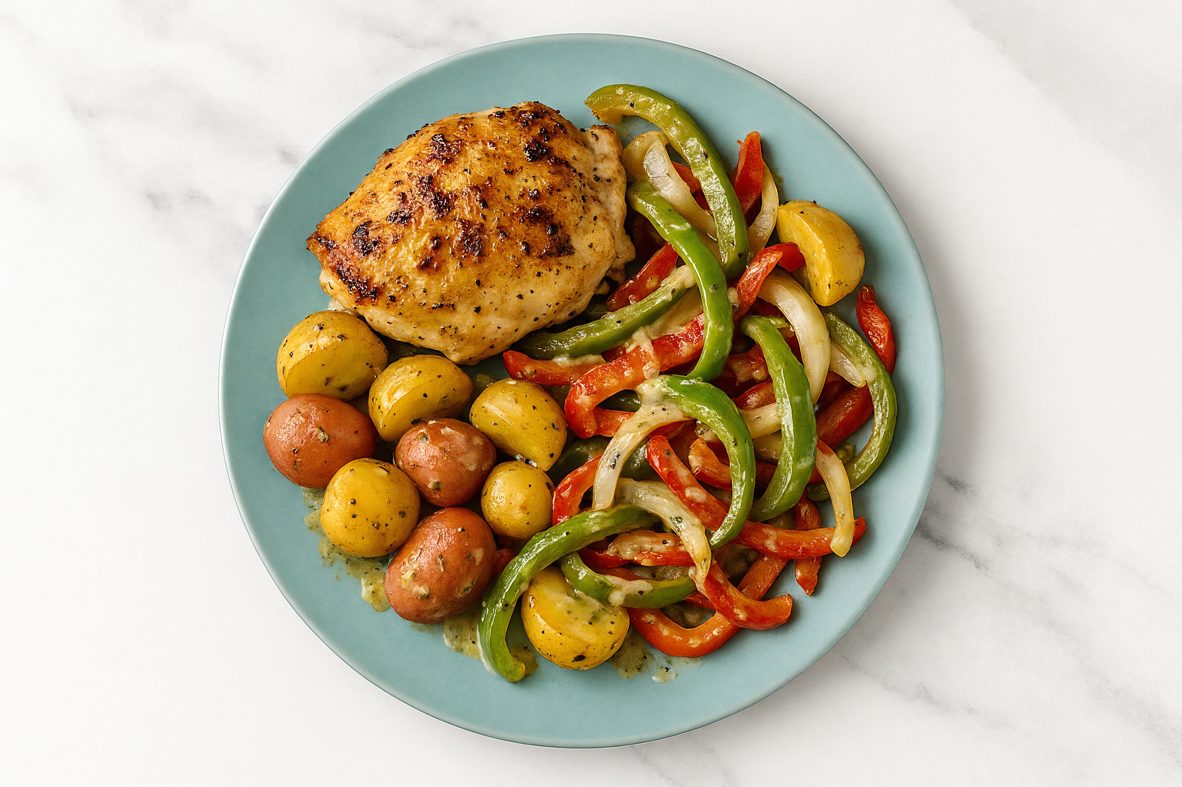 Sheet Pan Tahini-Chicken with Potatoes & Peppers