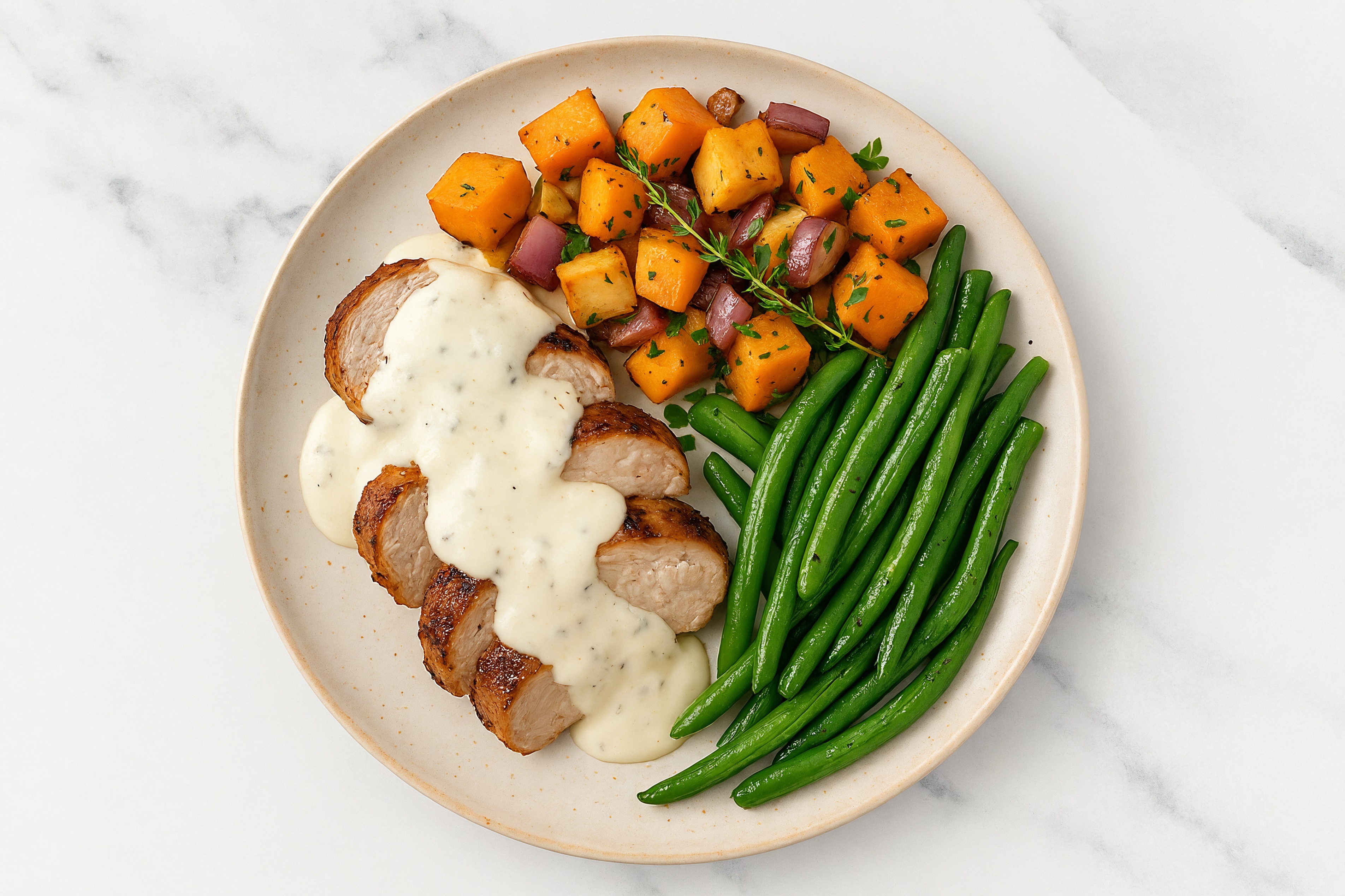 Creamy Parmesan Smothered Pork Tenderloin with Green Beans & Roasted Vegetables