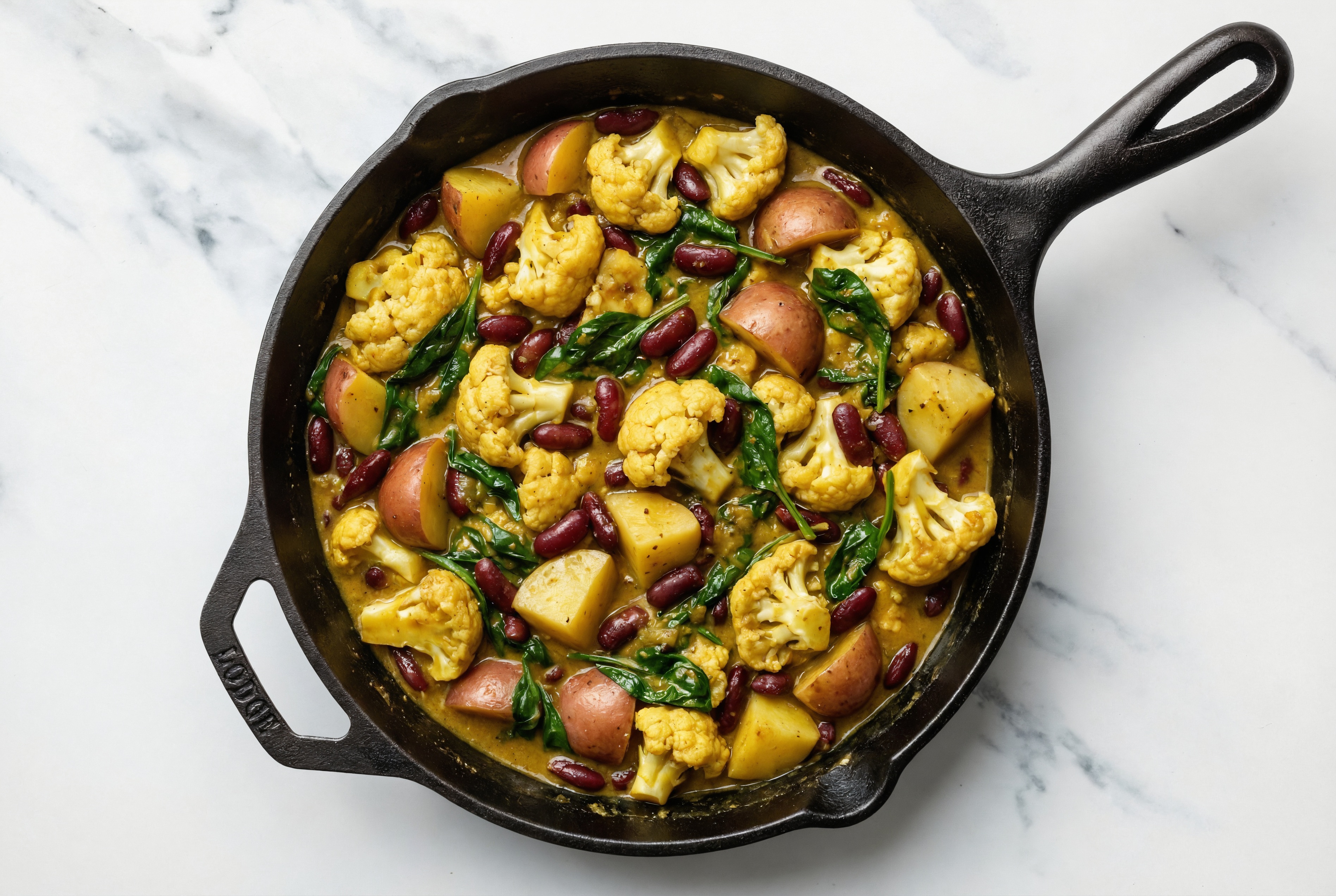 Kidney Beans, Cauli, Organic Spinach Saute with Coconut Curry + Red Potatoes