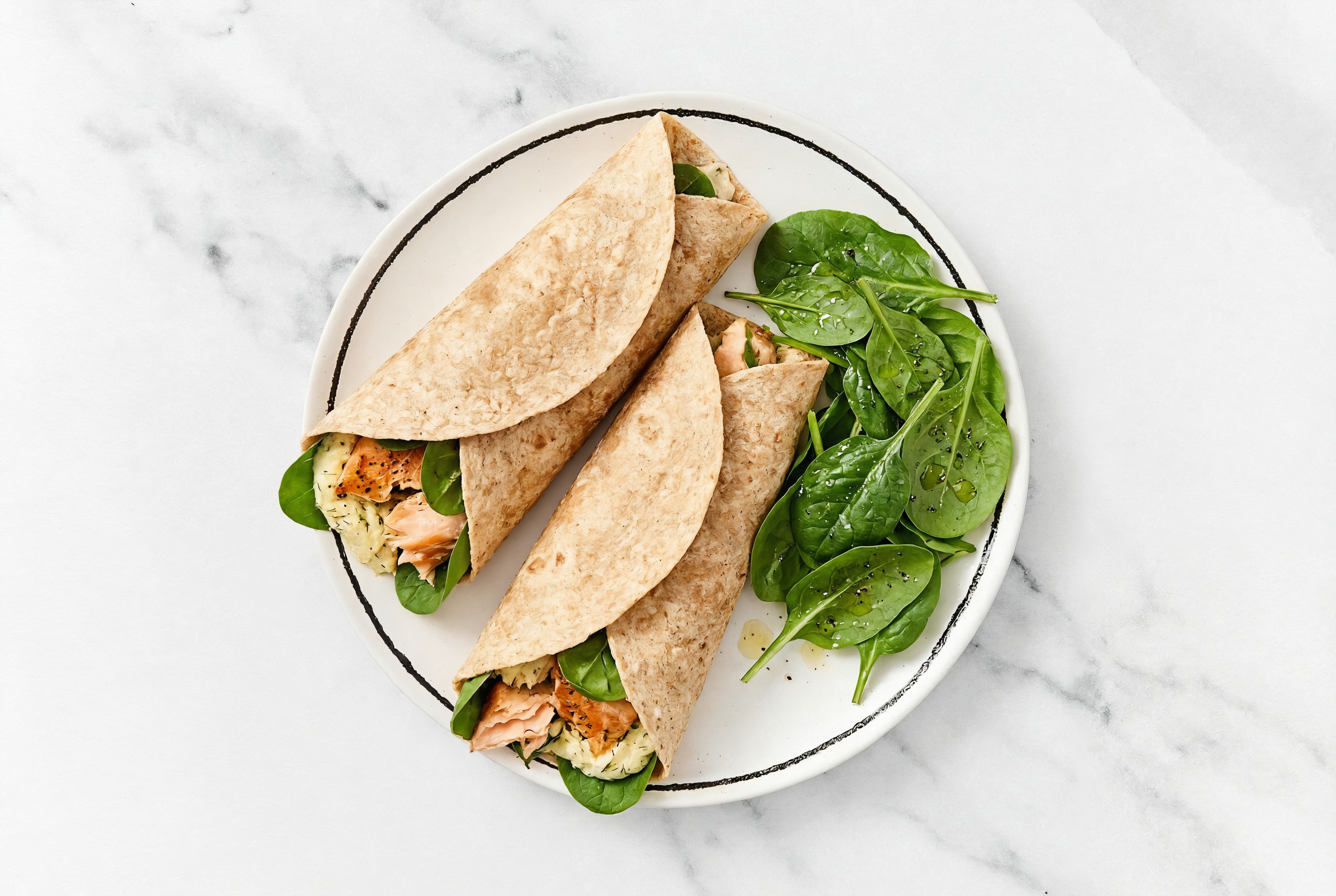  Whole Grain Salmon + Lemon Dill Hummus Wrap with Baby Spinach