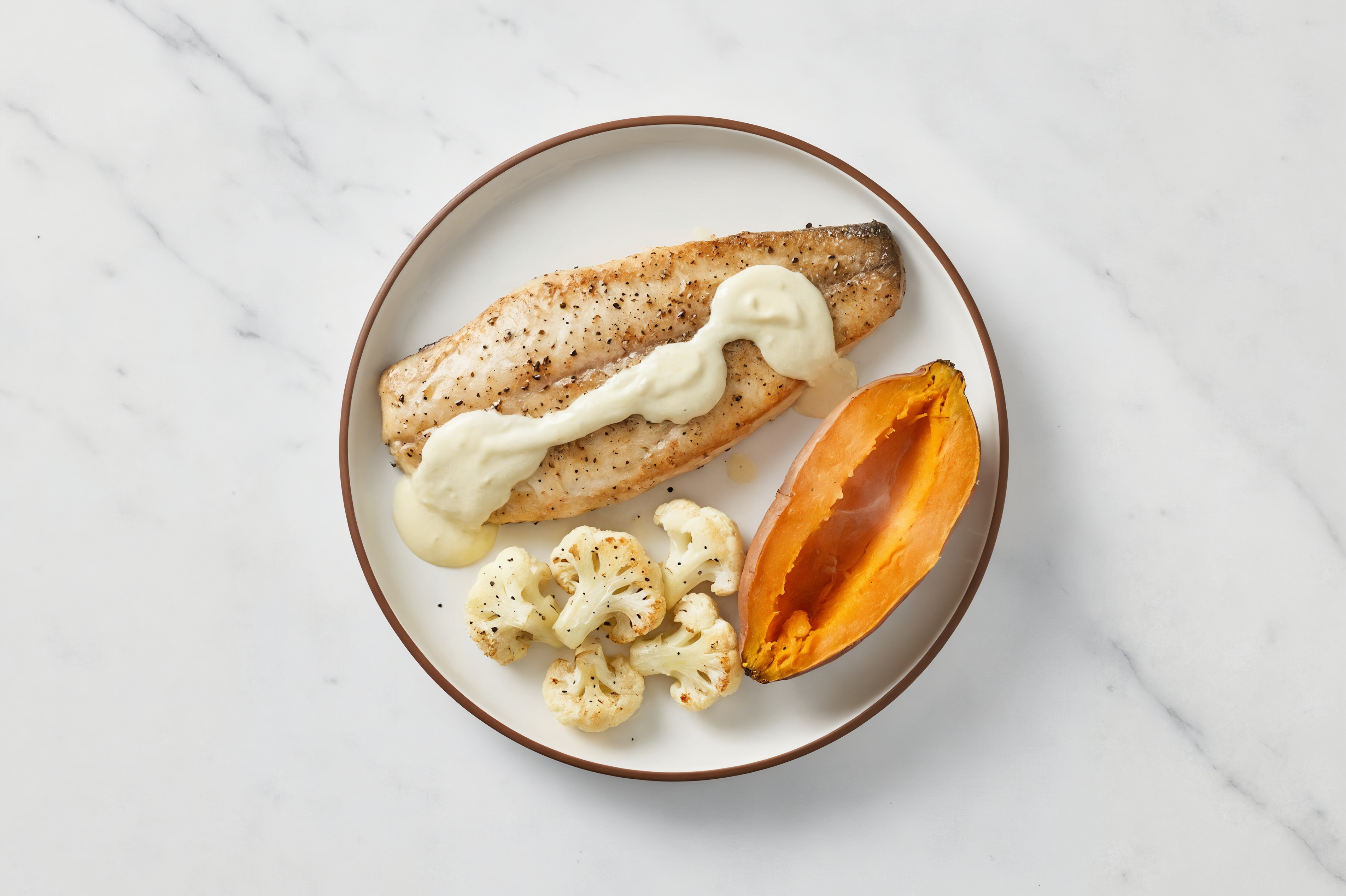 Blackened Trout + Creamy Garlic Veggies with Cauliflower Florets