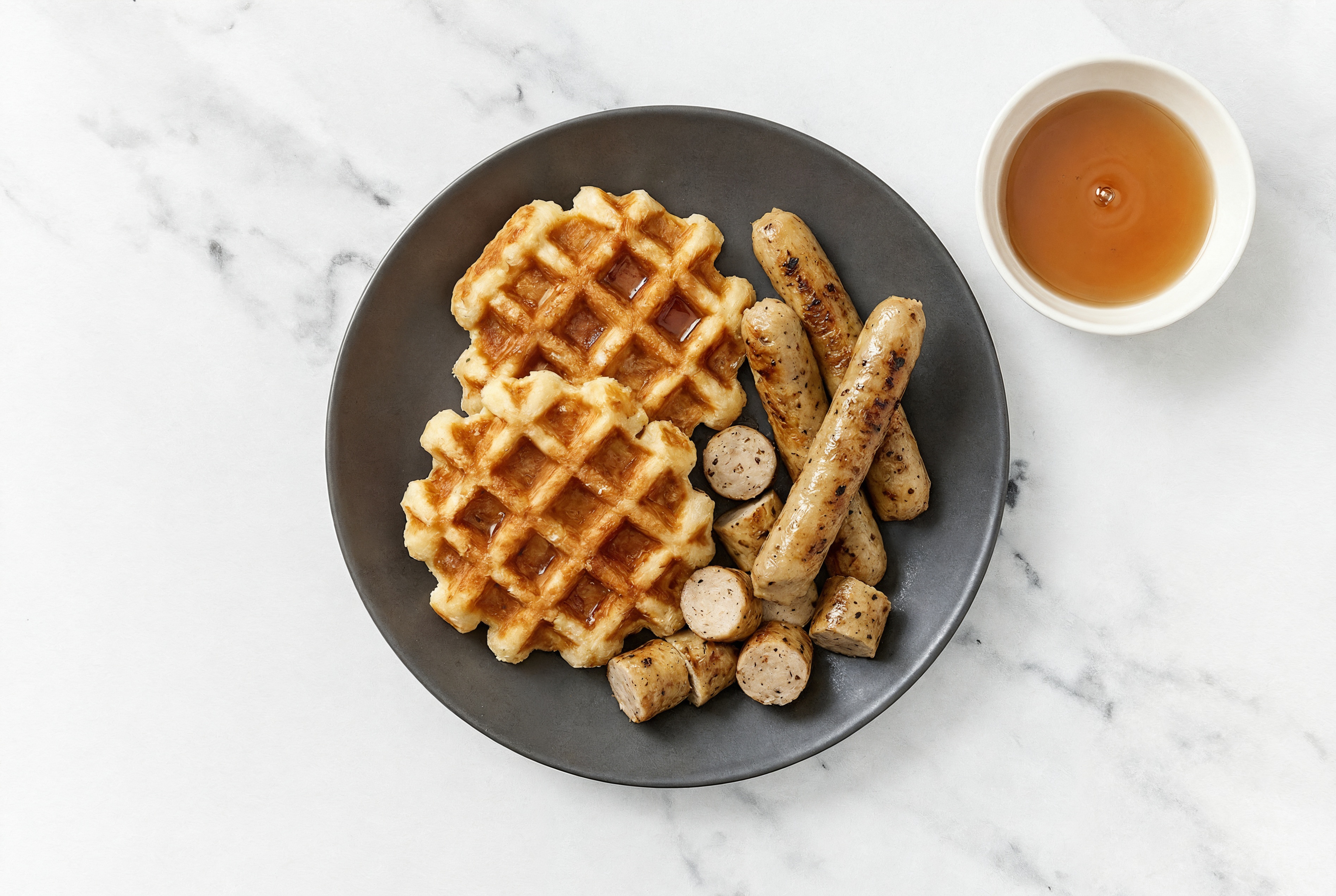 Bite Size Belgian Waffle + Sausages with Maple Syrup