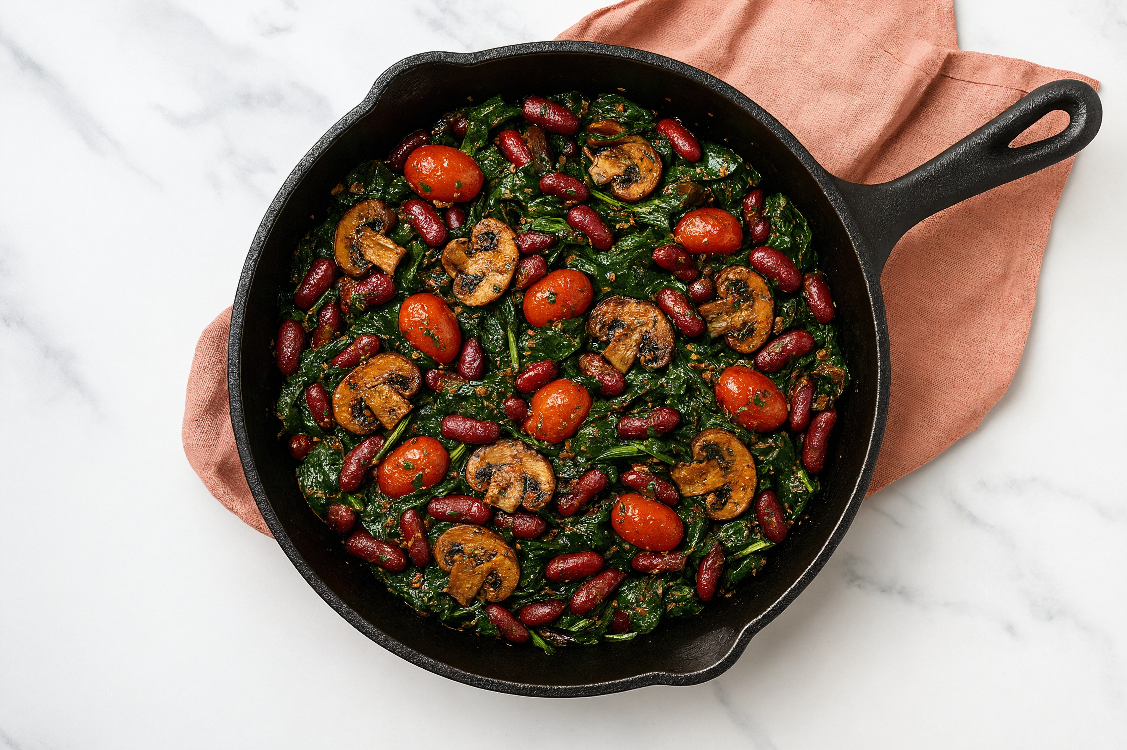 Kidney Beans with Spinach, Mushrooms, Tomatoes + Garlic Herb Seasoning