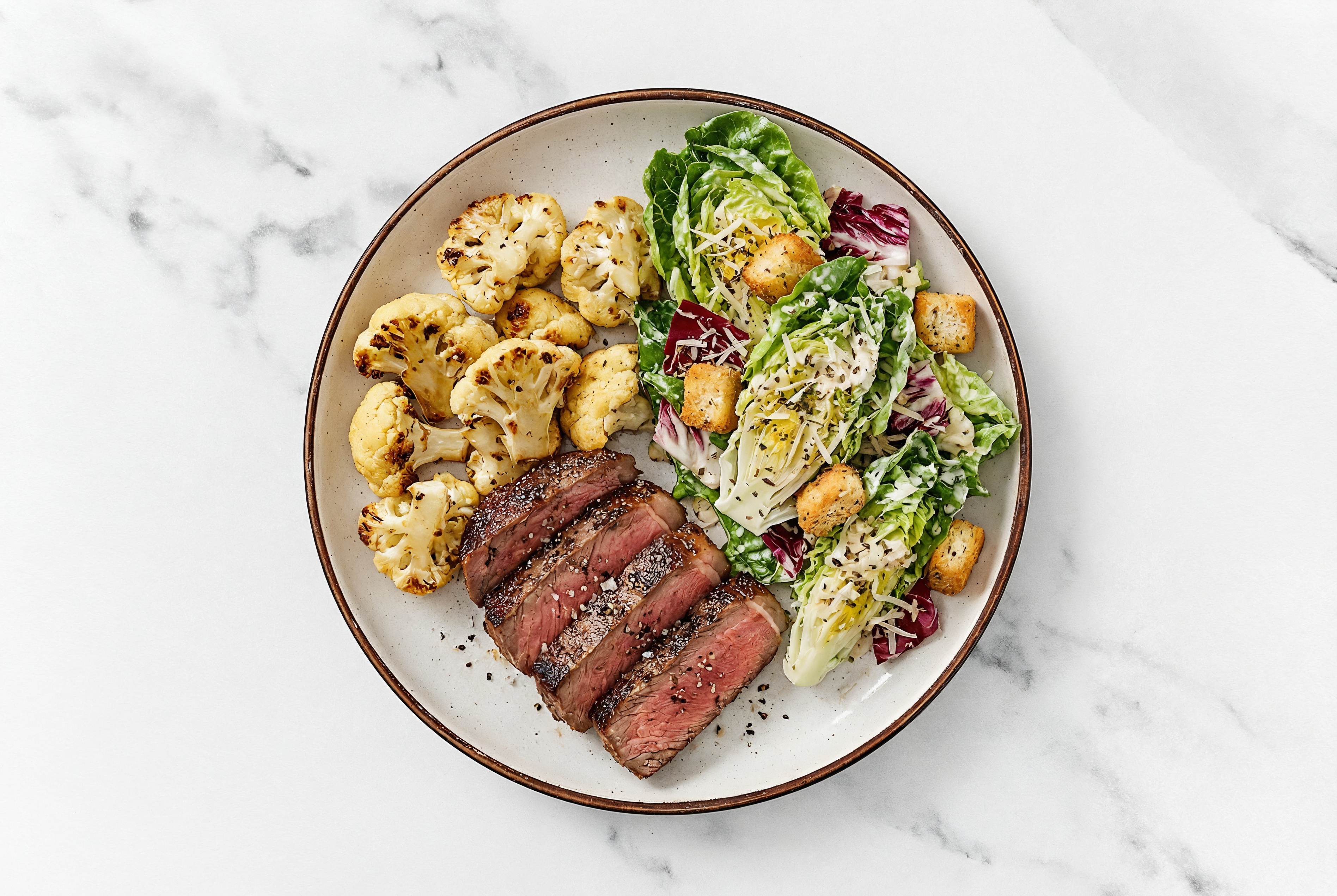 Ribeye Steak + Little Gem Salad with Cauliflower Florets