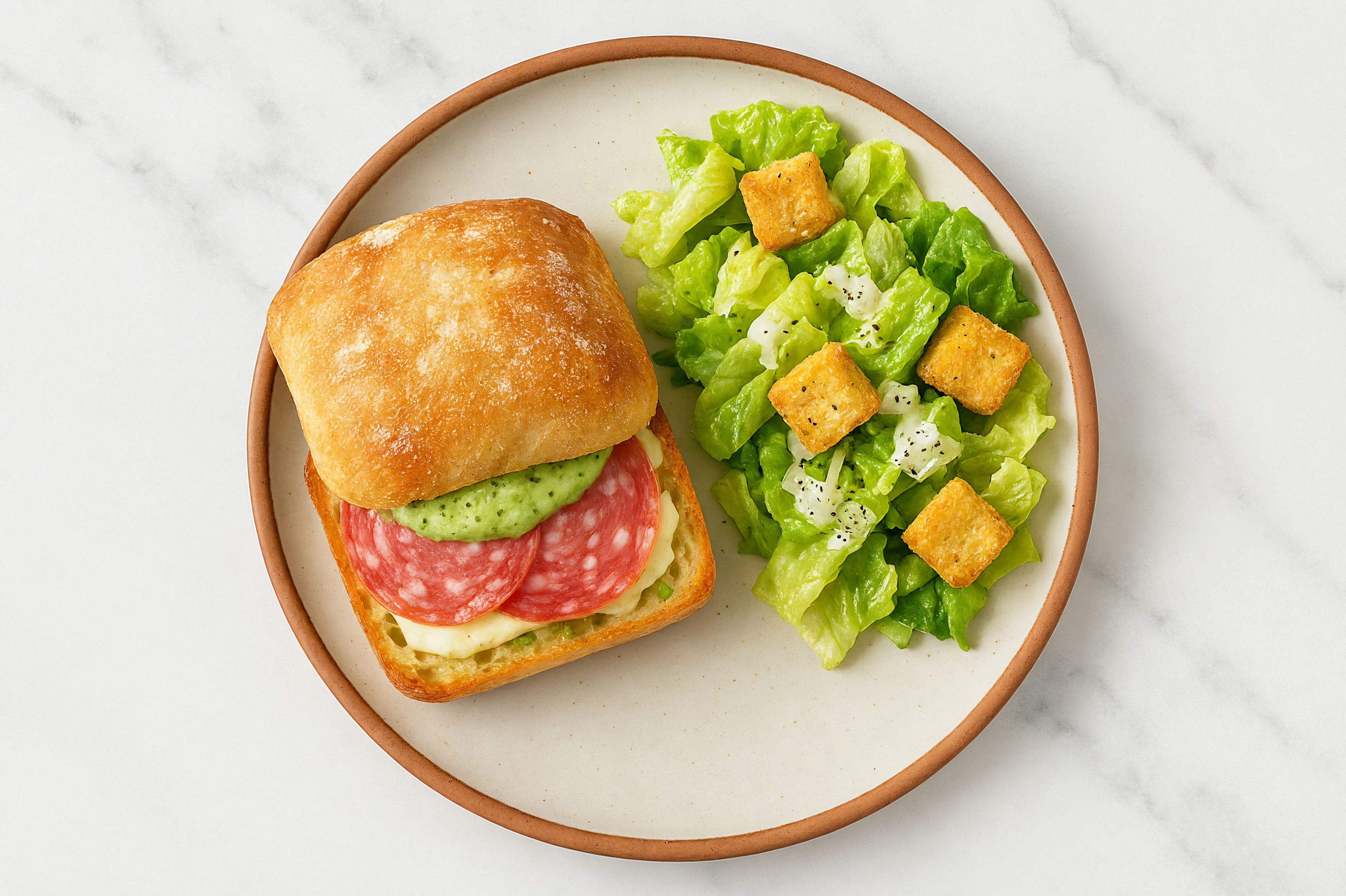 Salami + Mozzarella Ball Sandwiches with Pesto Aioli + Side Caesar Salad