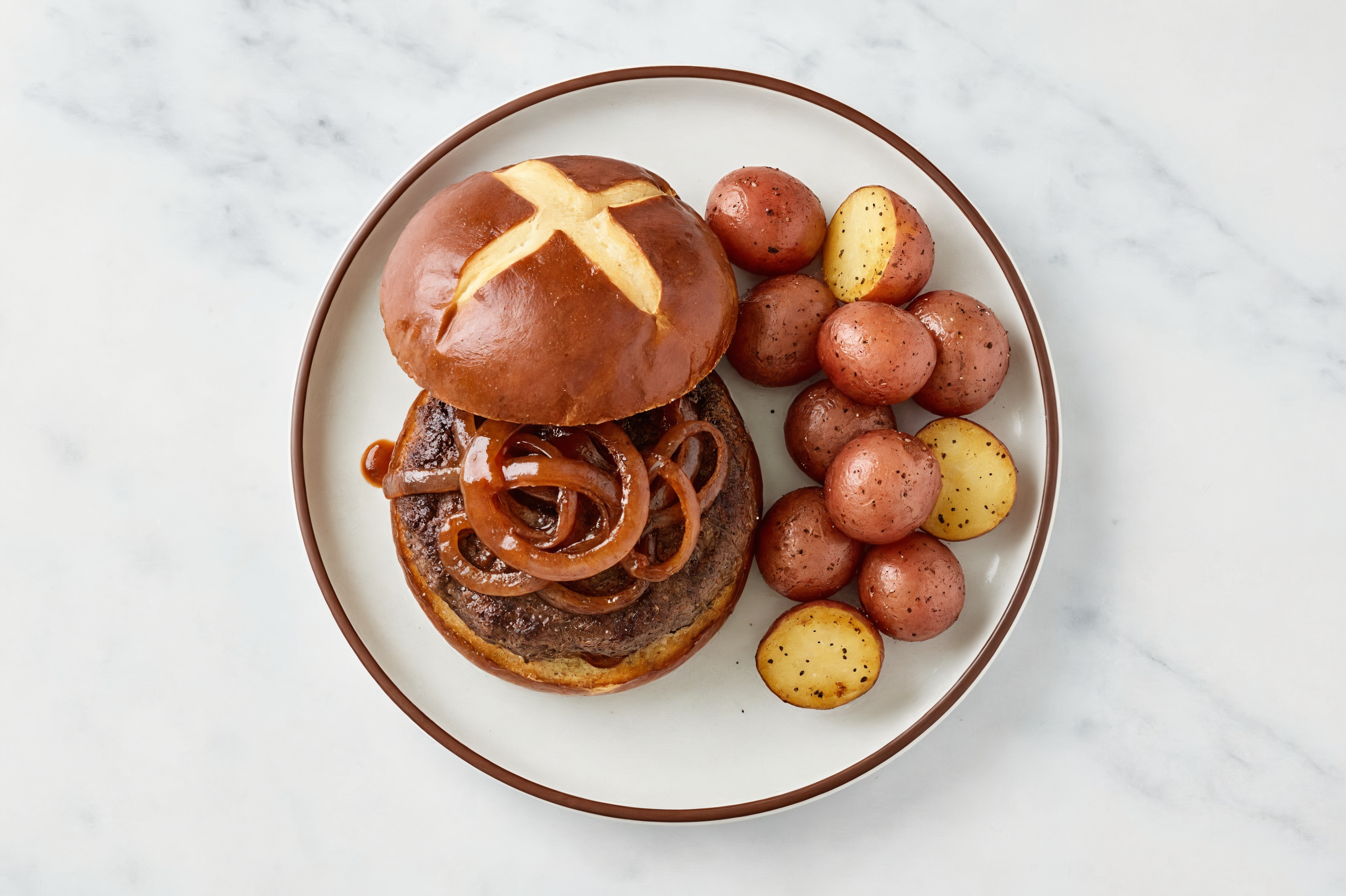 Smoky Caramelized Onion Burger + Red Potatoes