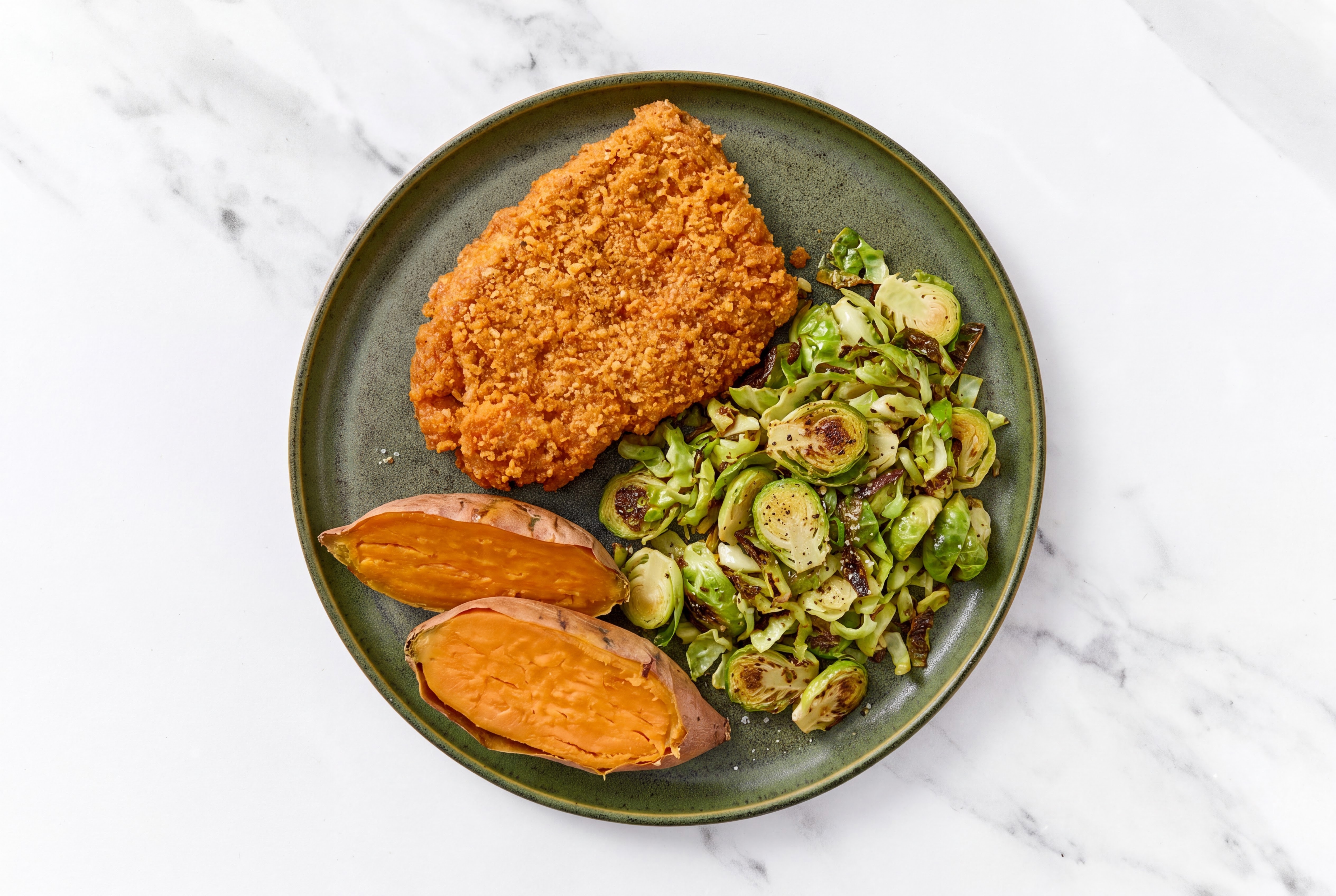 Hot Honey Breaded Chicken Cutlet with Brussels Sprouts & Sweet Potato