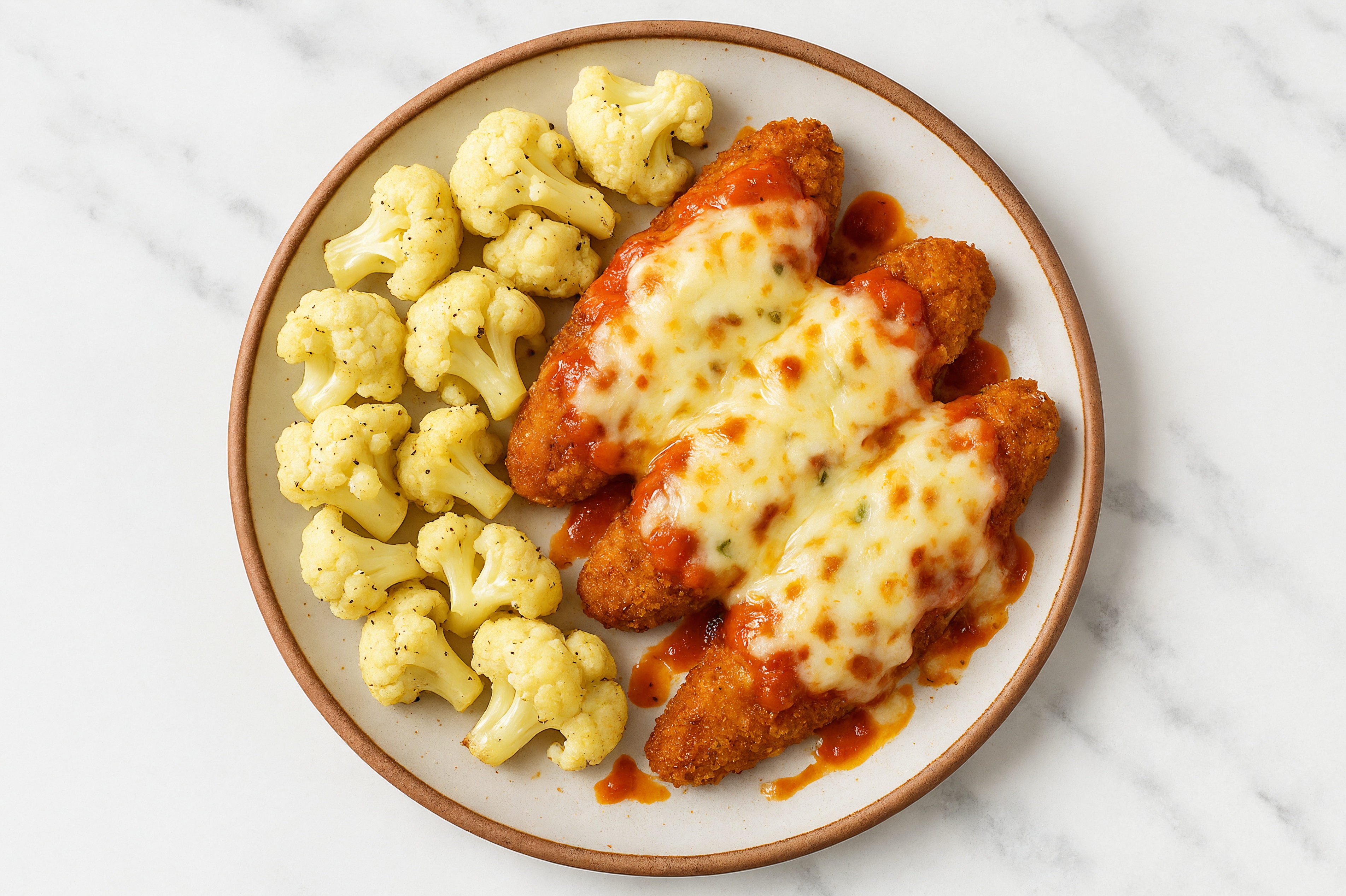 "Chicken" Tender Vodka Parmesan + Cauliflower with Shredded Mozzarella Cheese