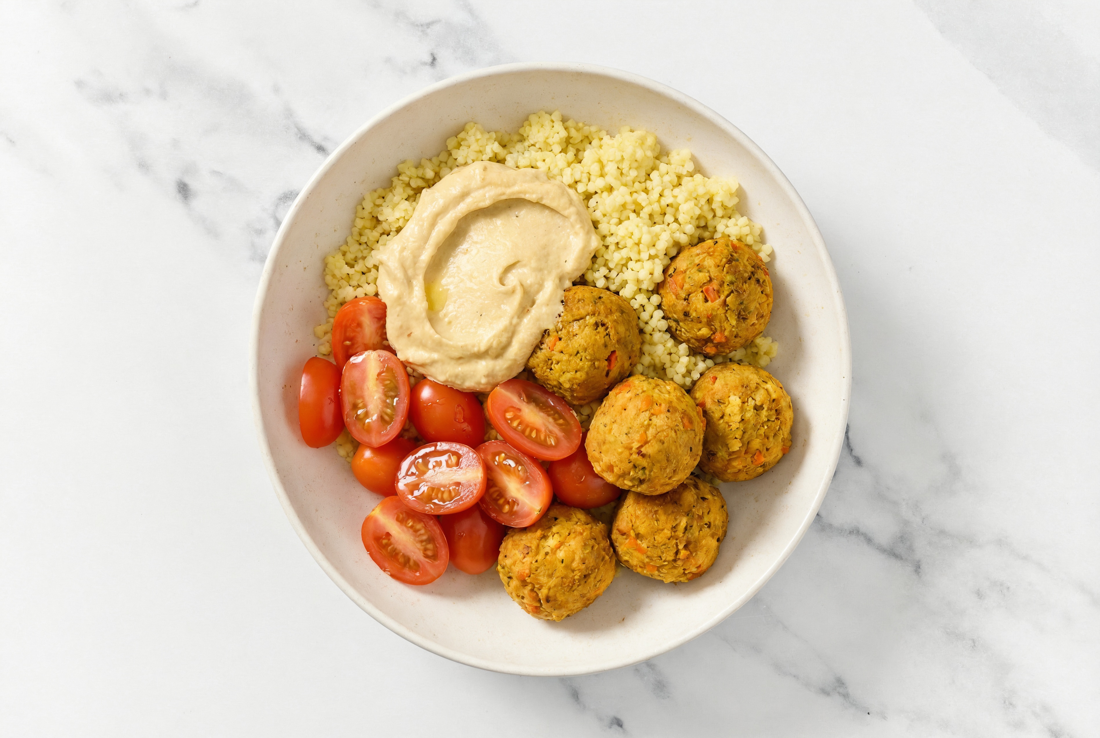 Eggplant Veggie Balls Couscous Grain Bowl with French Onion Hummus