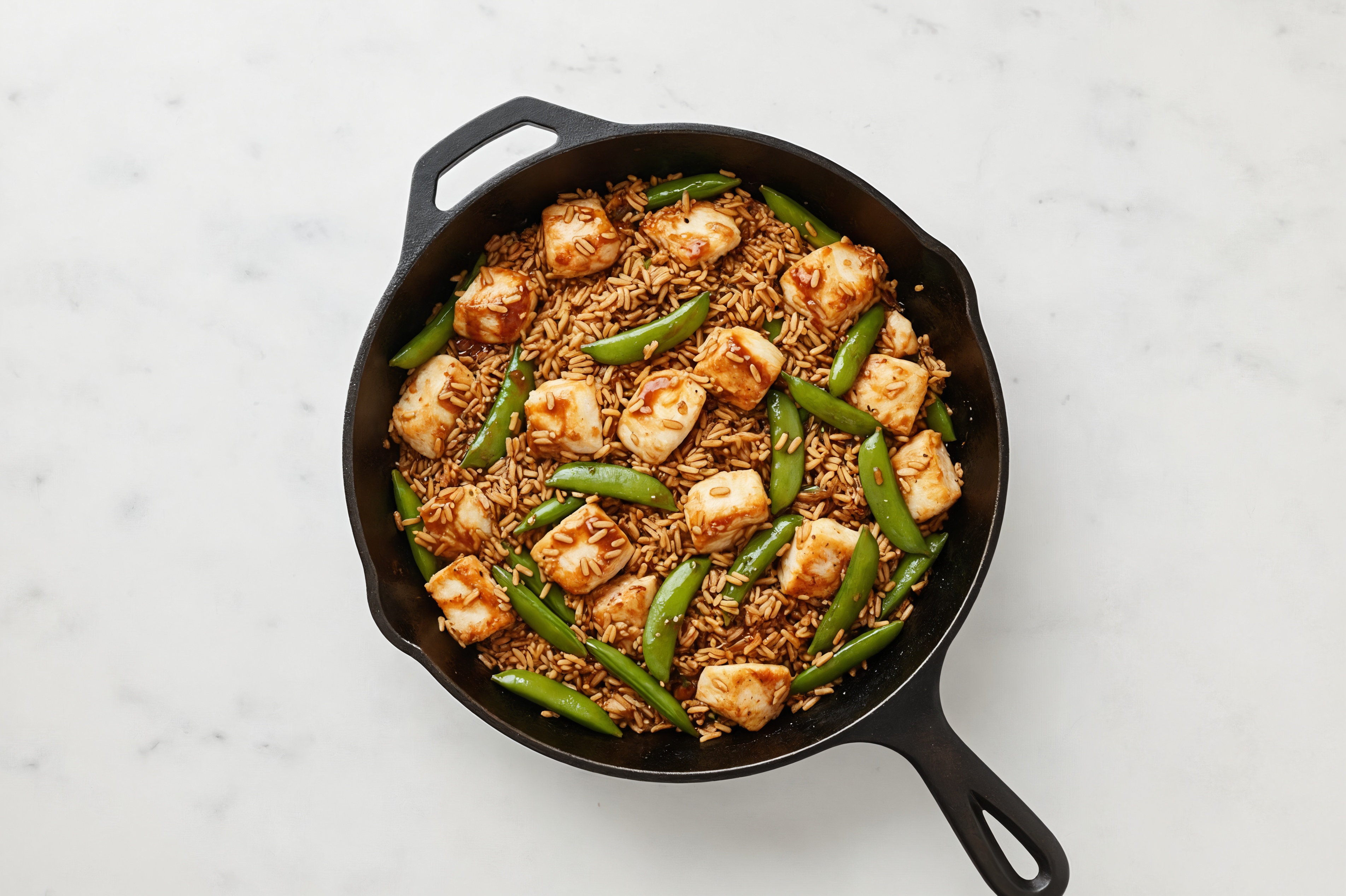 Teriyaki Pea Snap + Wild Halibut Stir-Fry with Long Grain White Rice