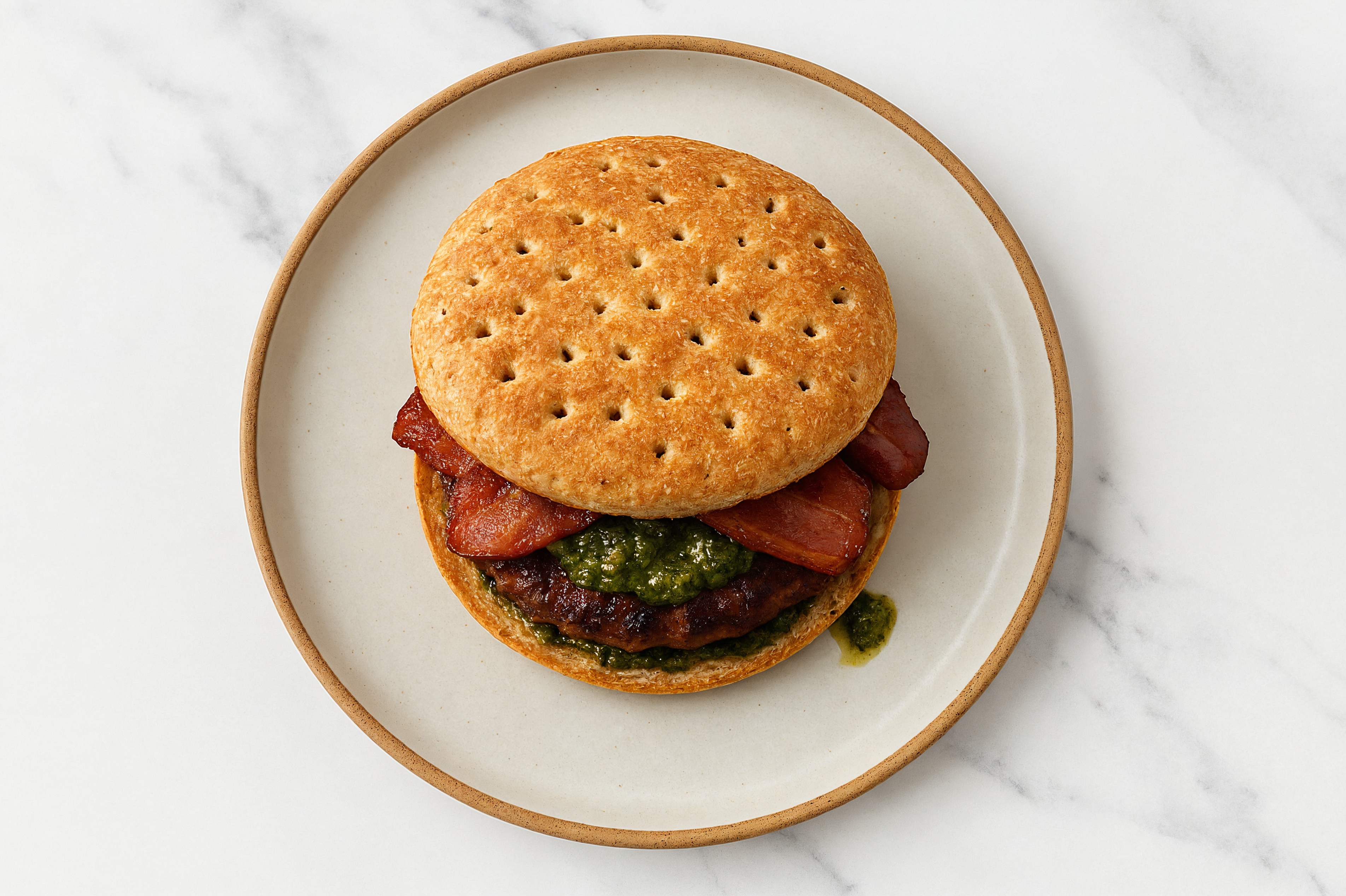 Beef Burger on Multigrain with Spinach Pesto & Turkey Bacon