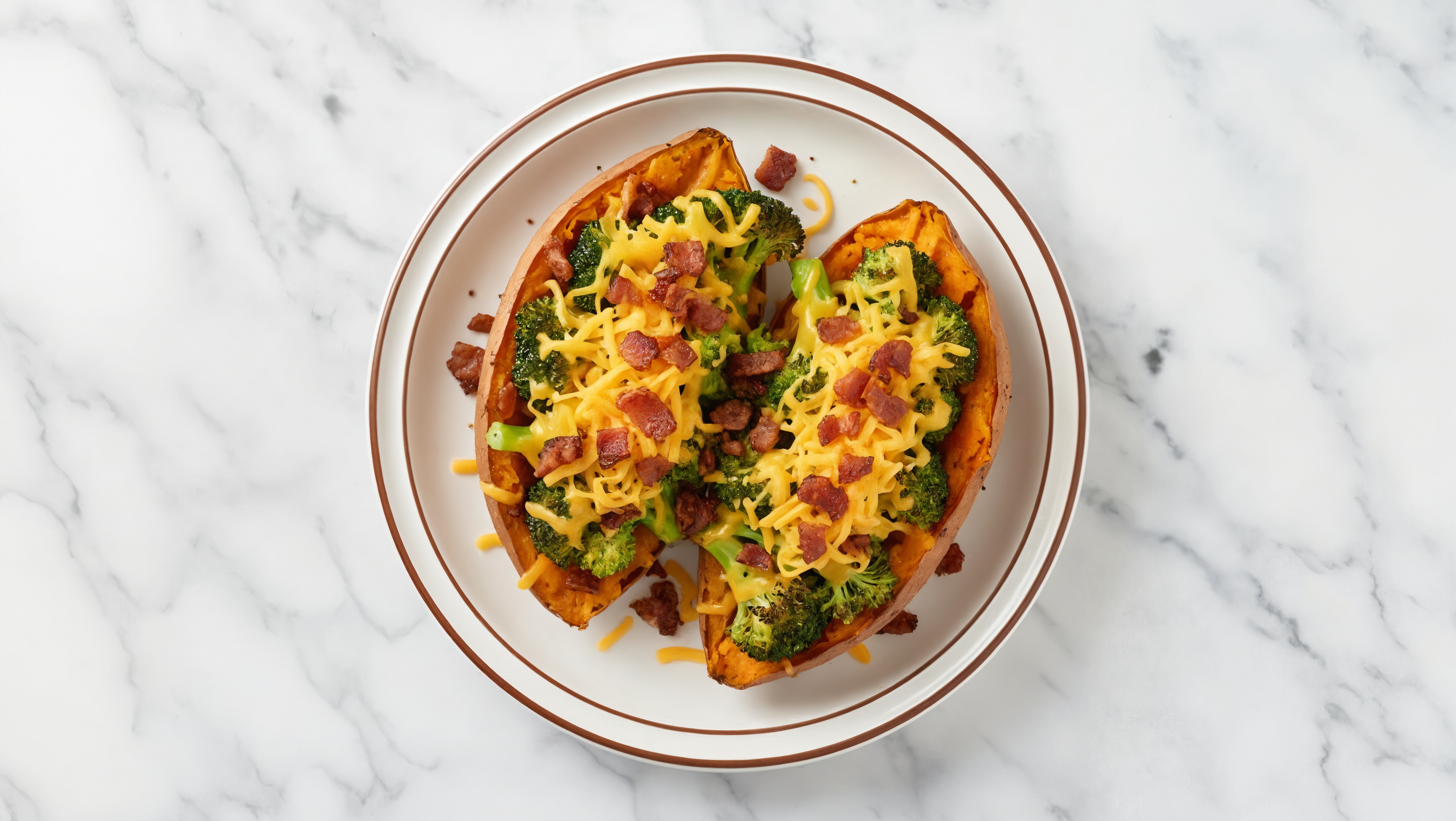 Herby Cheesy Turkey Bacon Sweet Potato Boat with Shredded Sharp Cheddar Cheese