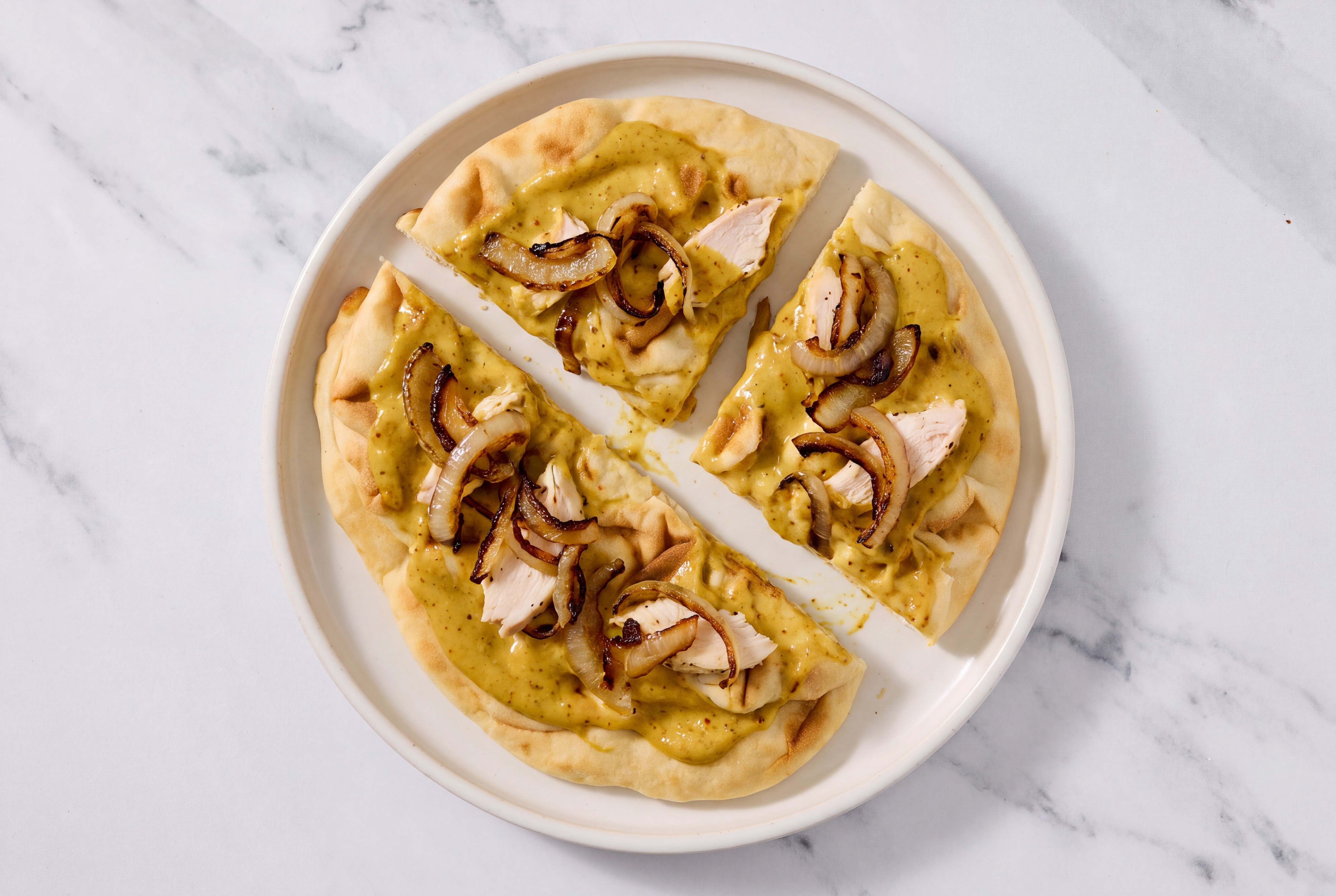 Curried Caramelized Onion + Roasted Chicken Flatbread with Traditional Naan