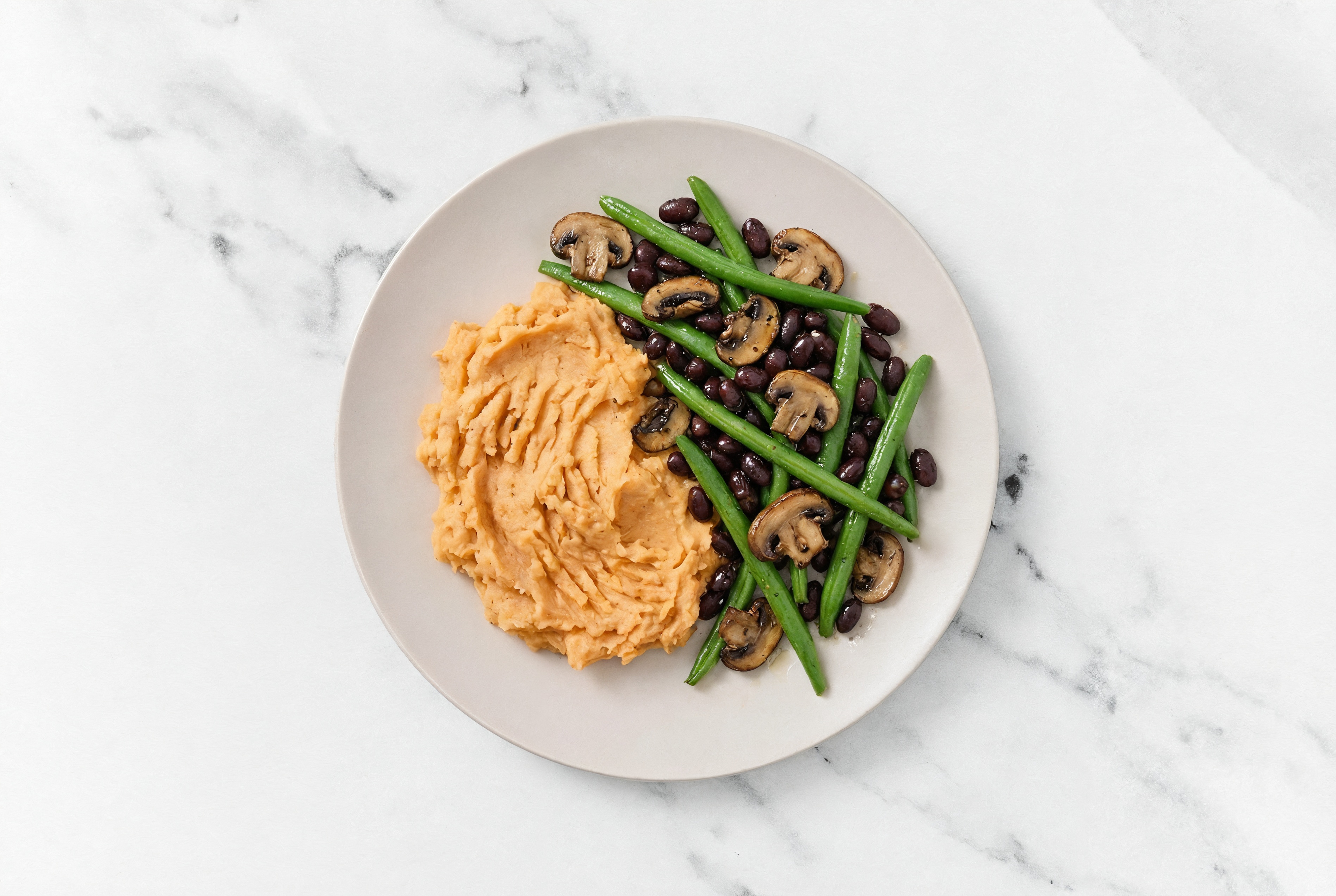 Vegan Sweet Potato Mash Plate with Green Beans, Mushrooms + Black Beans