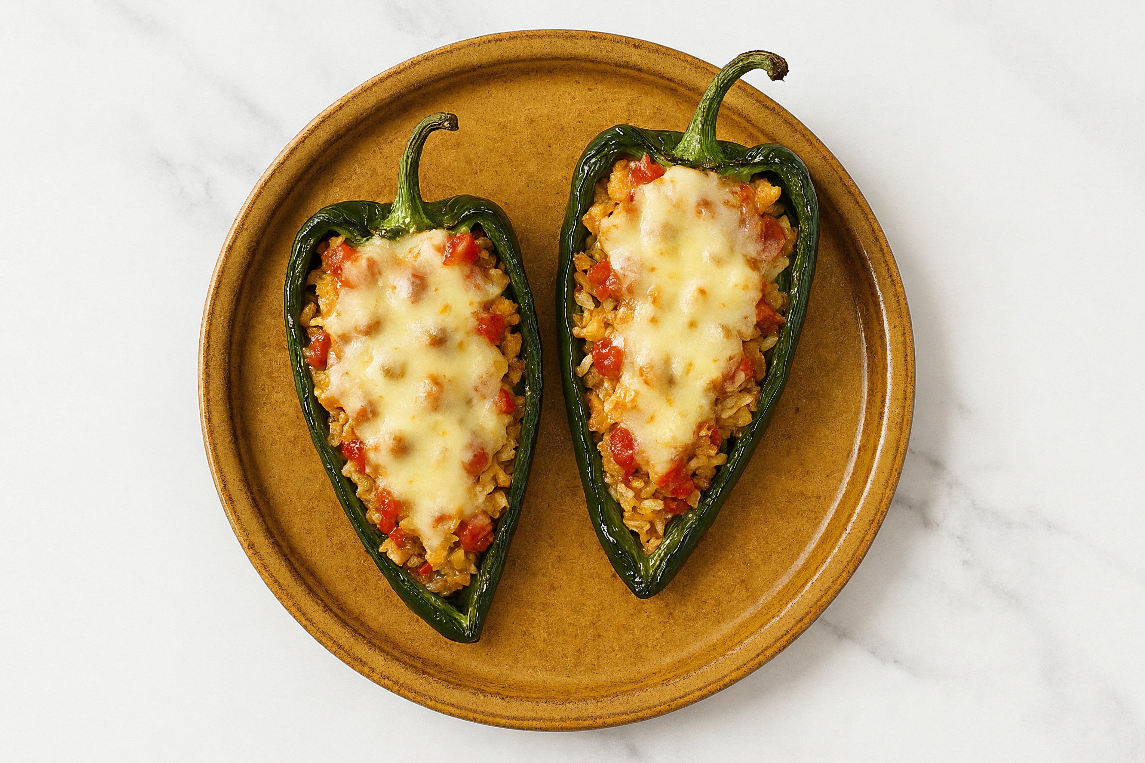 "Tempeh + Cheese" Stuffed Poblano Peppers with Long Grain White Rice
