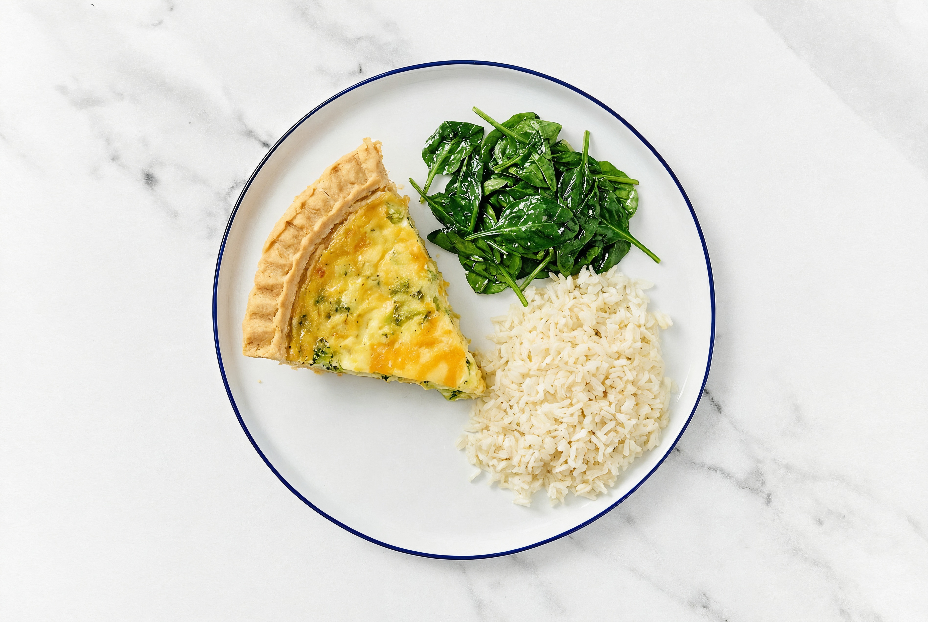 Broccoli & Cheddar Quiche with Baby Spinach & White Rice