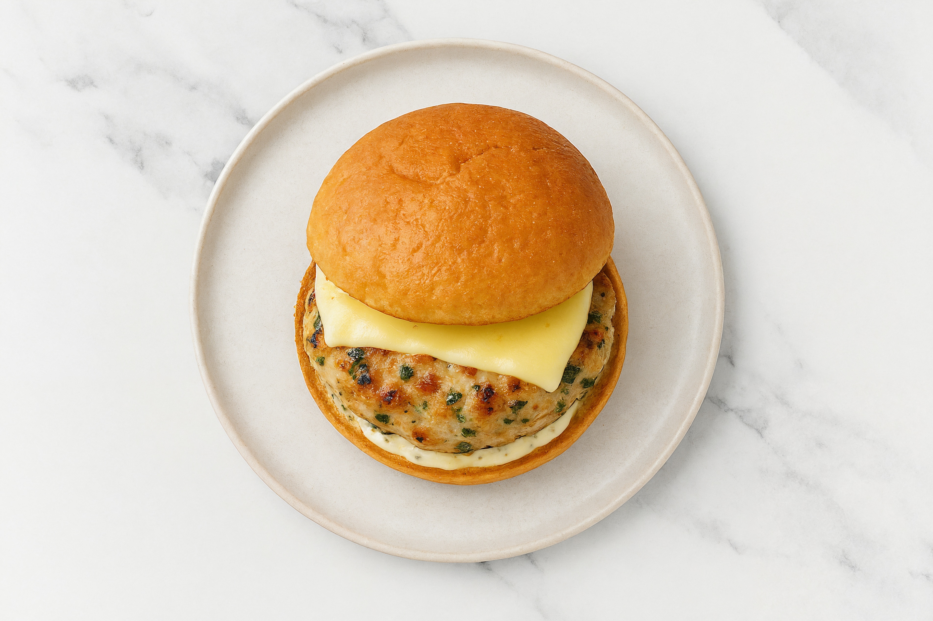 Havarti Chicken Burger on GF Bun with Garlic Sauce