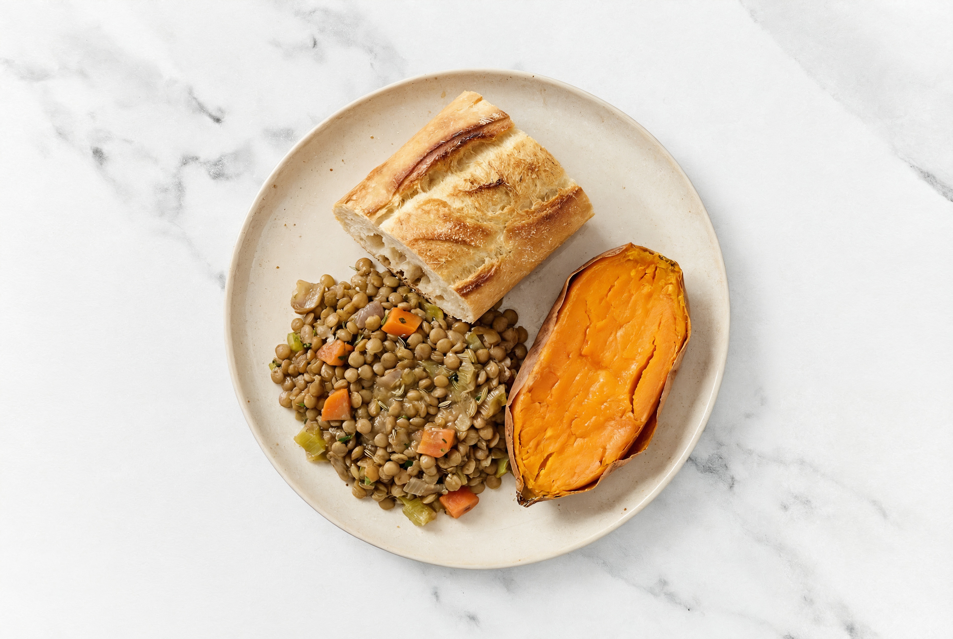 French Mirepoix Lentils with Sweet Potato + Baguette