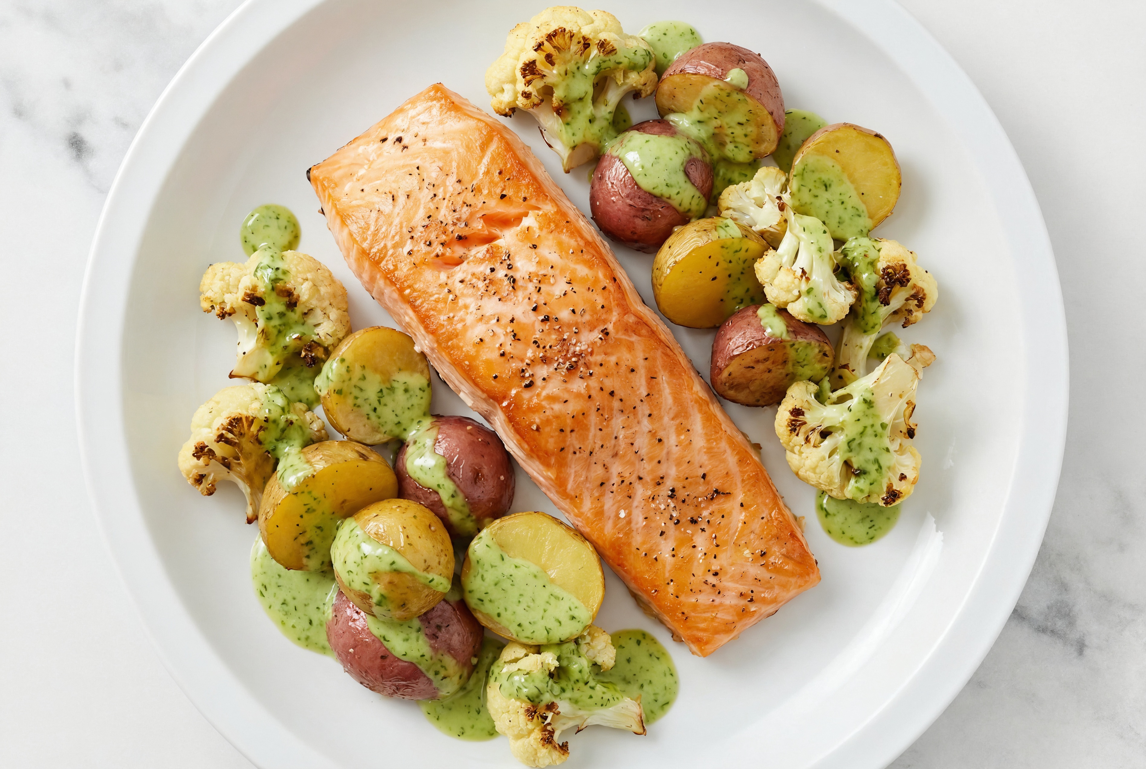 Sheet Pan Green Goddess-Salmon with Potatoes & Cauliflower