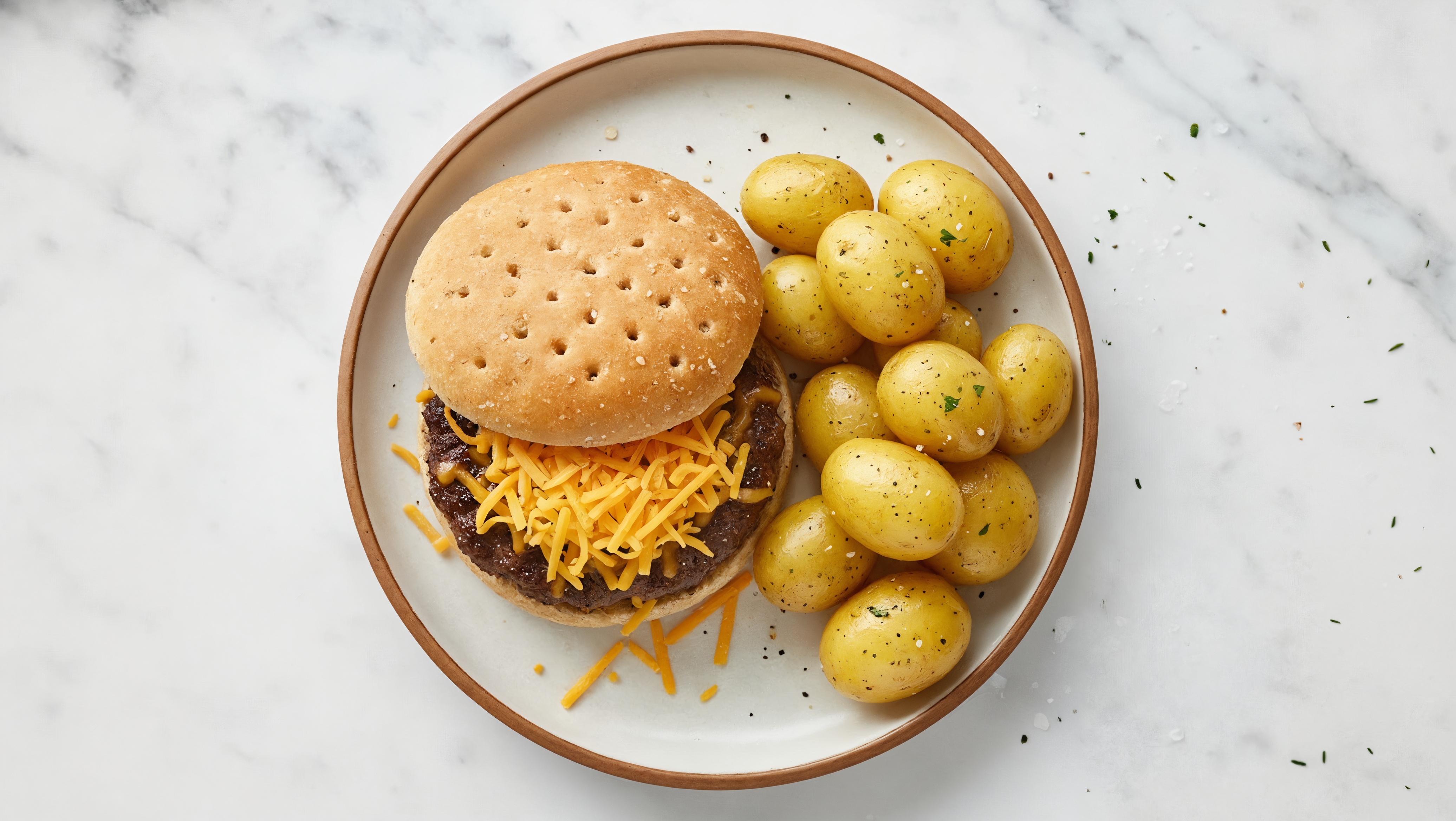 Cheesy Beef Burger + Yellow Potatoes with Shredded Sharp Cheddar Cheese