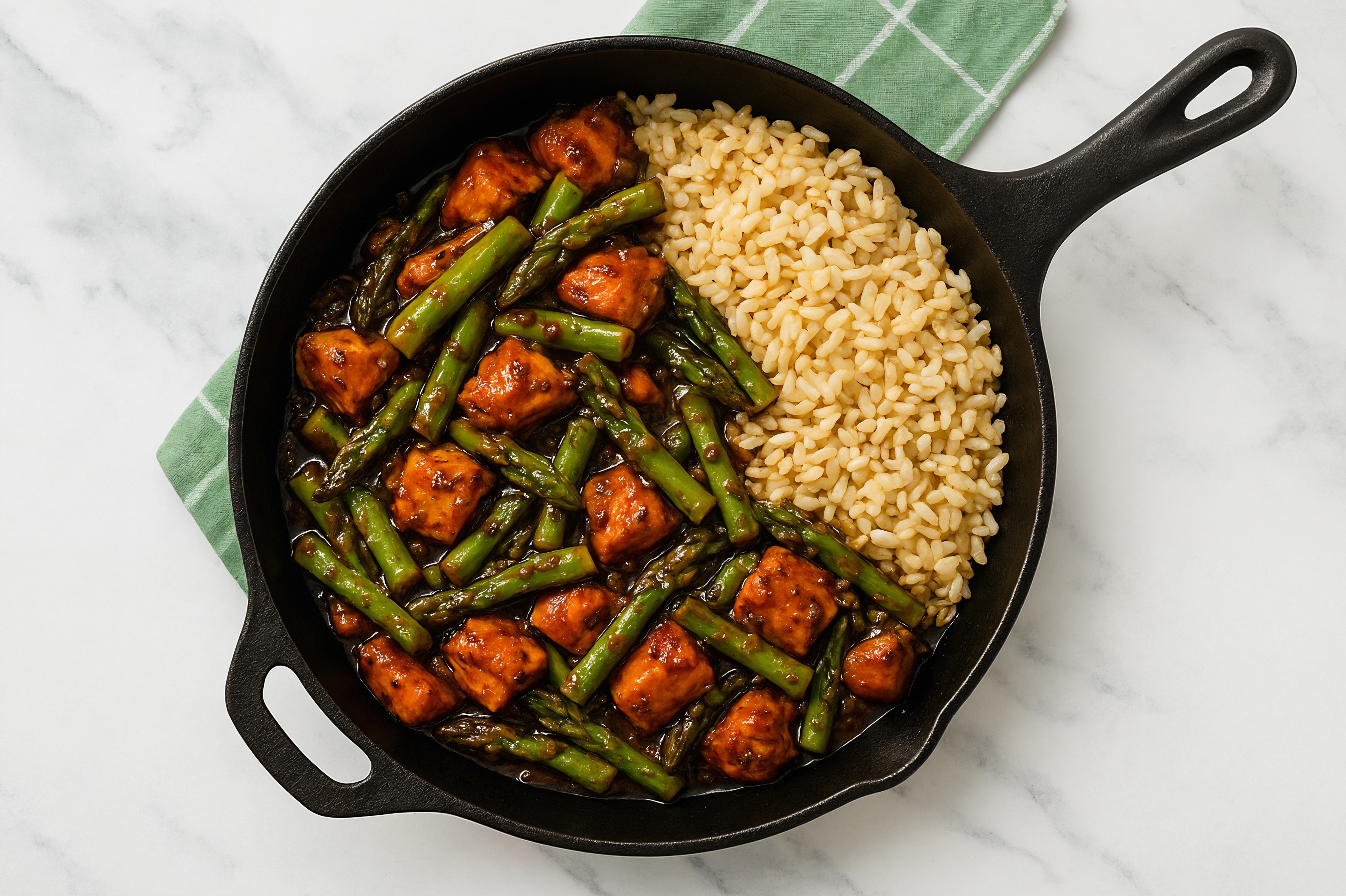 Tangy Pepper Sockeye Salmon Stir-Fry with Asparagus over Brown Rice