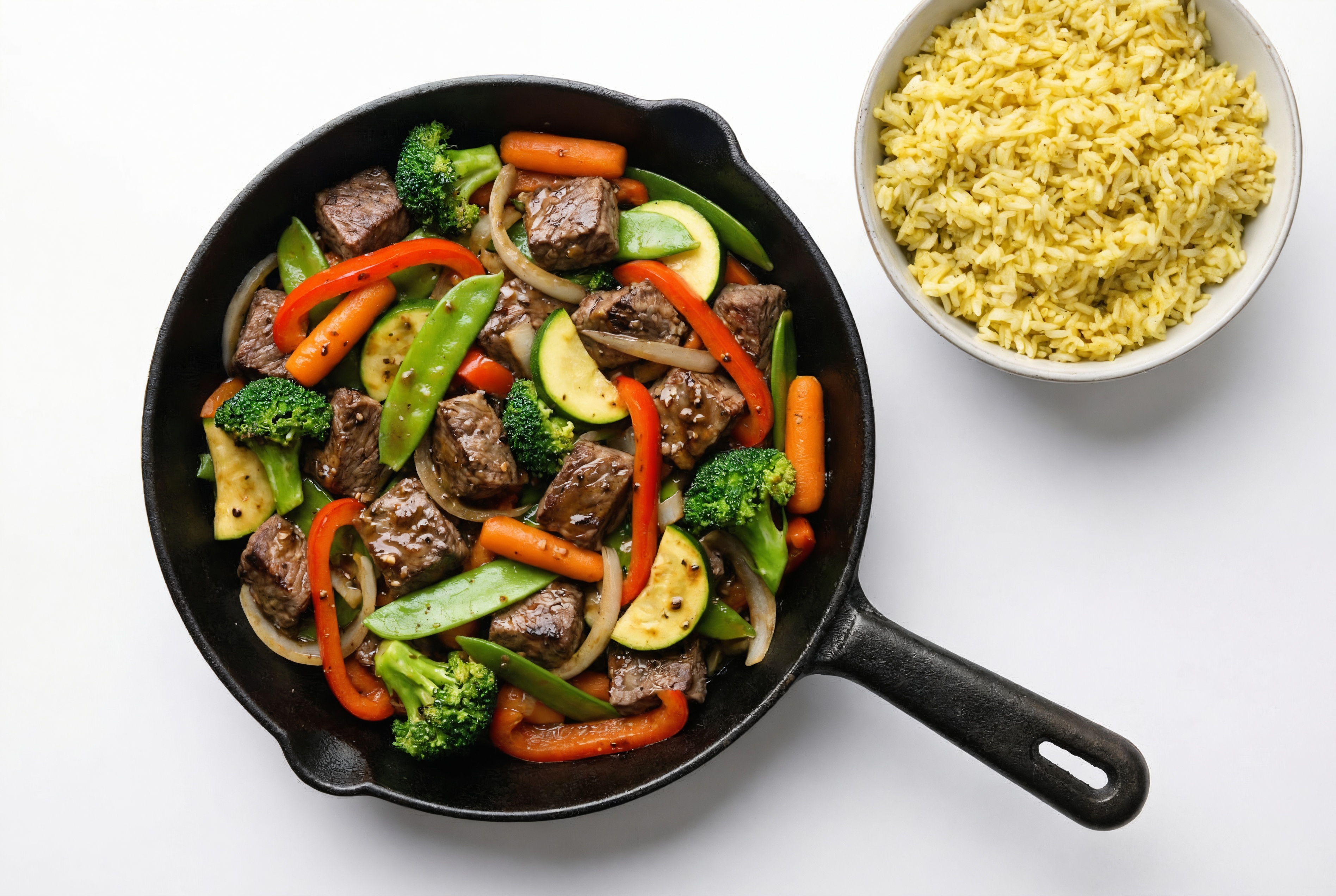 Tangy Pepper Sirloin Tip Stir-Fry with Mixed Veggies over Jasmine Rice