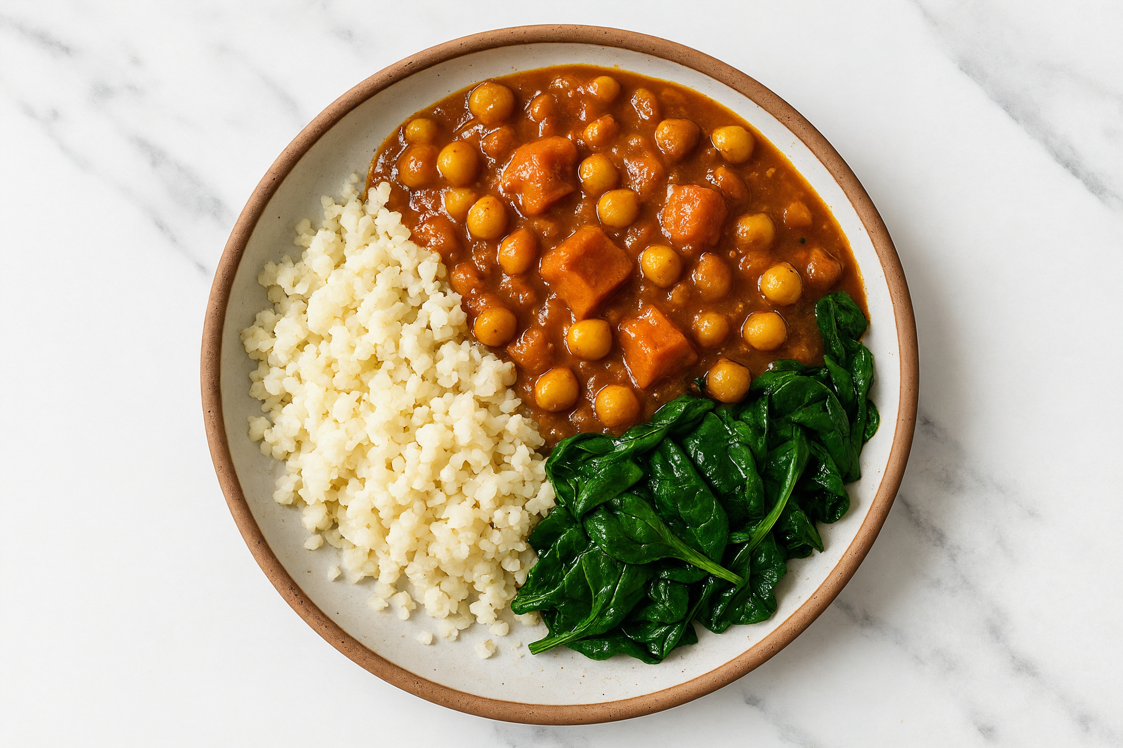 Sweet Potato Chickpea Vindaloo with Spinach + Cauliflower Rice