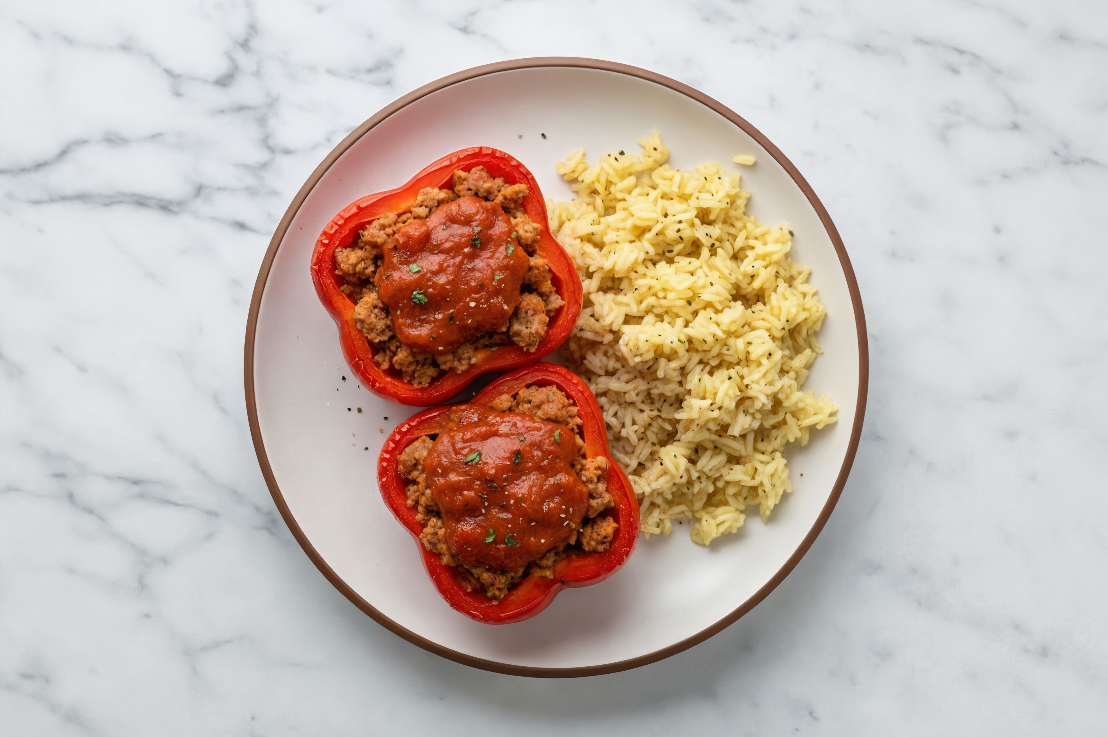Turkey Sausage Pizza Stuffed Organic Peppers with Seasoned Jasmine Rice