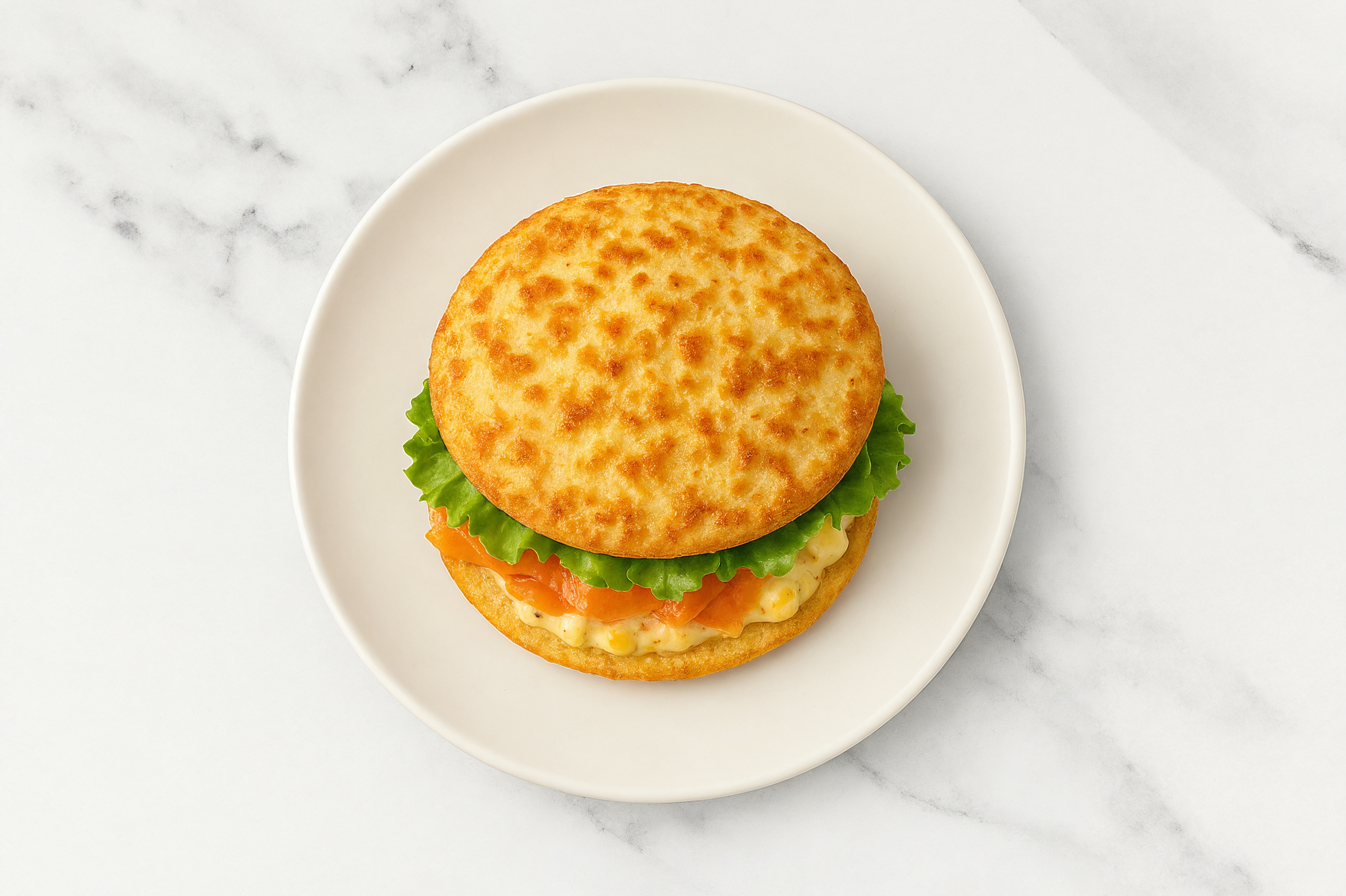 Street Corn Smoked Salmon Sandwich with Green Leaf Lettuce on Cauliflower Rounds