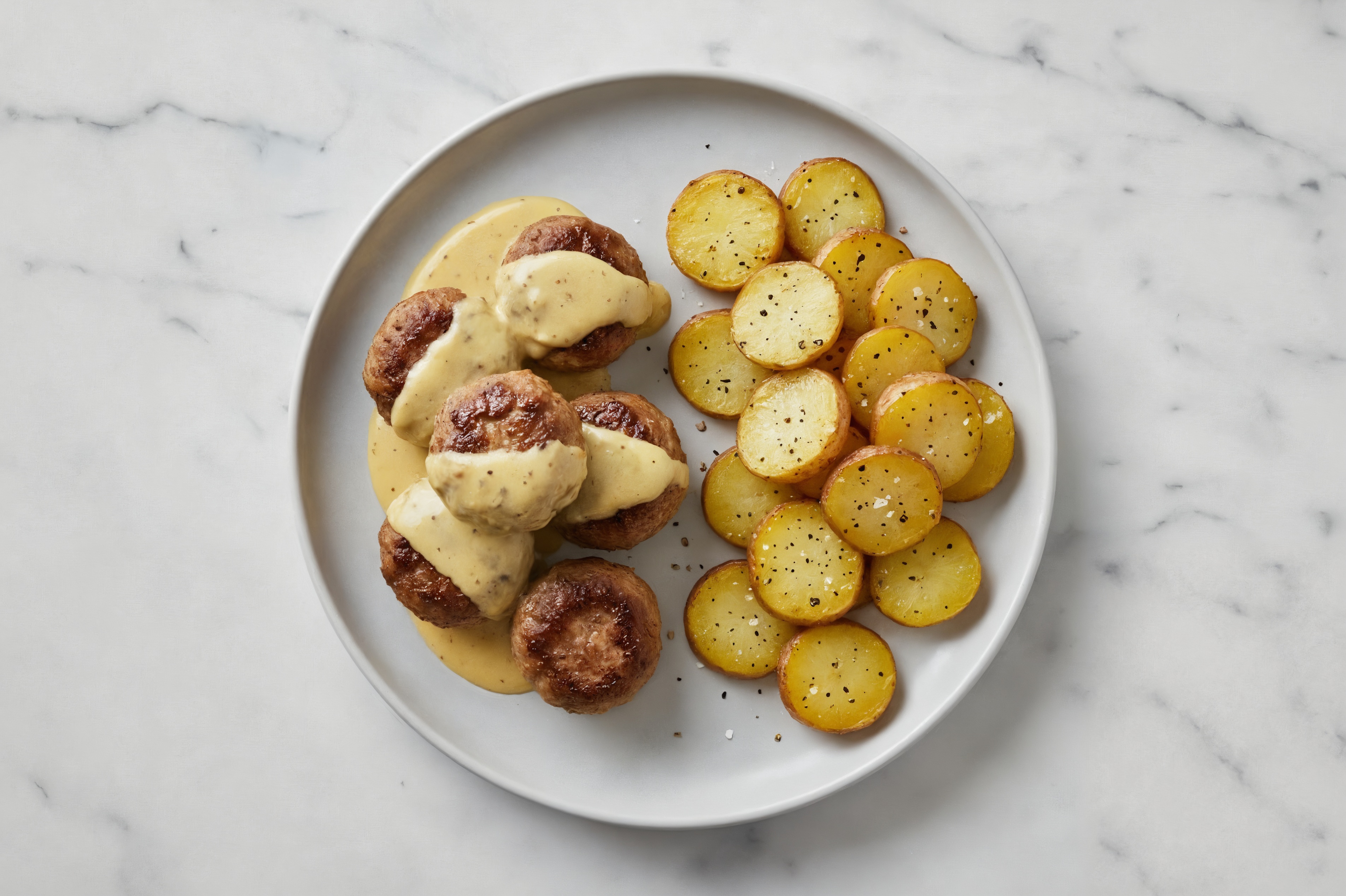 Garlic-Mustard Baked Lamb Meatballs & Fingerling Potatoes