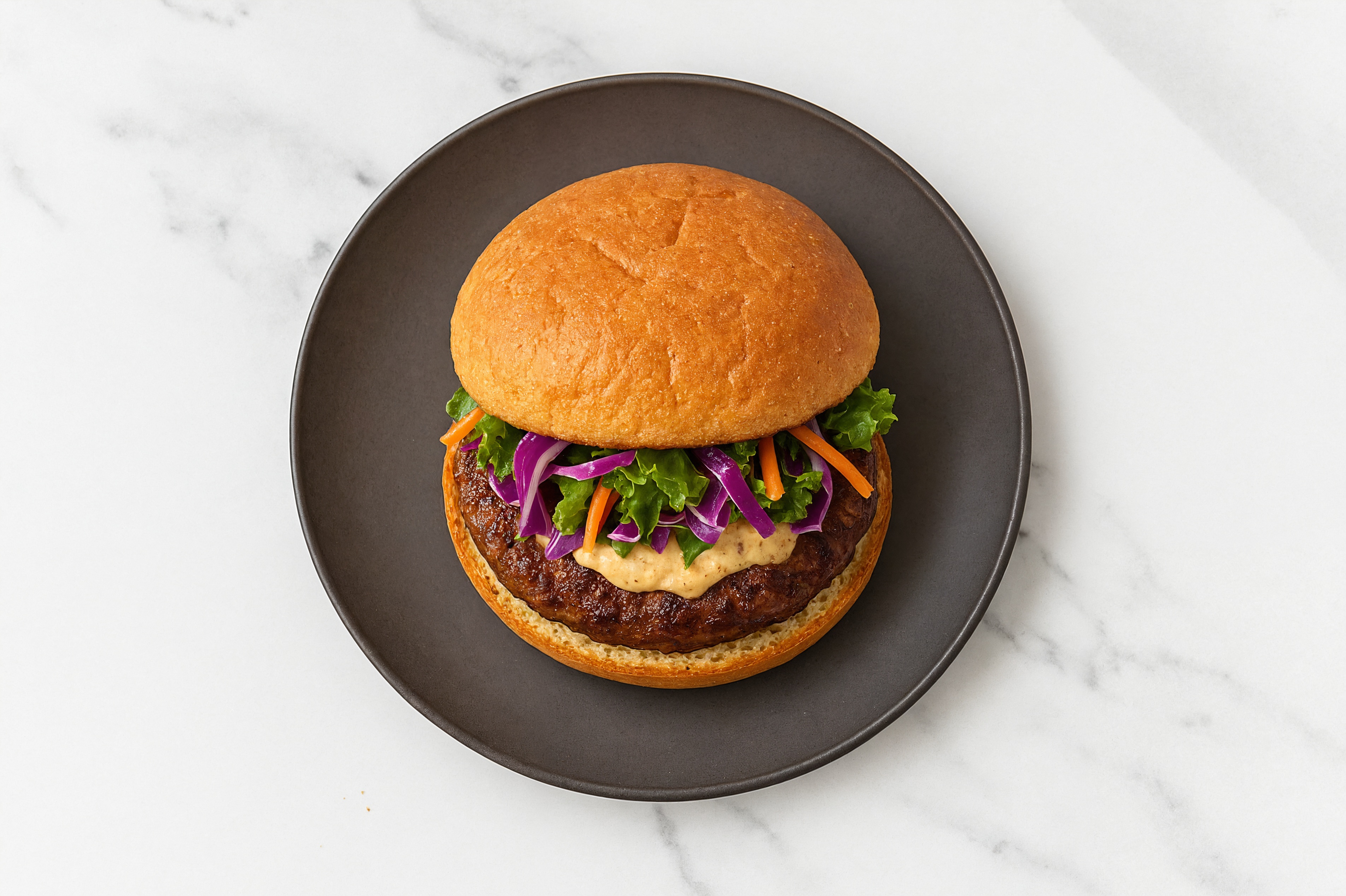 Rainbow Veggie Beef Burger on GF Bun with French Onion Sauce