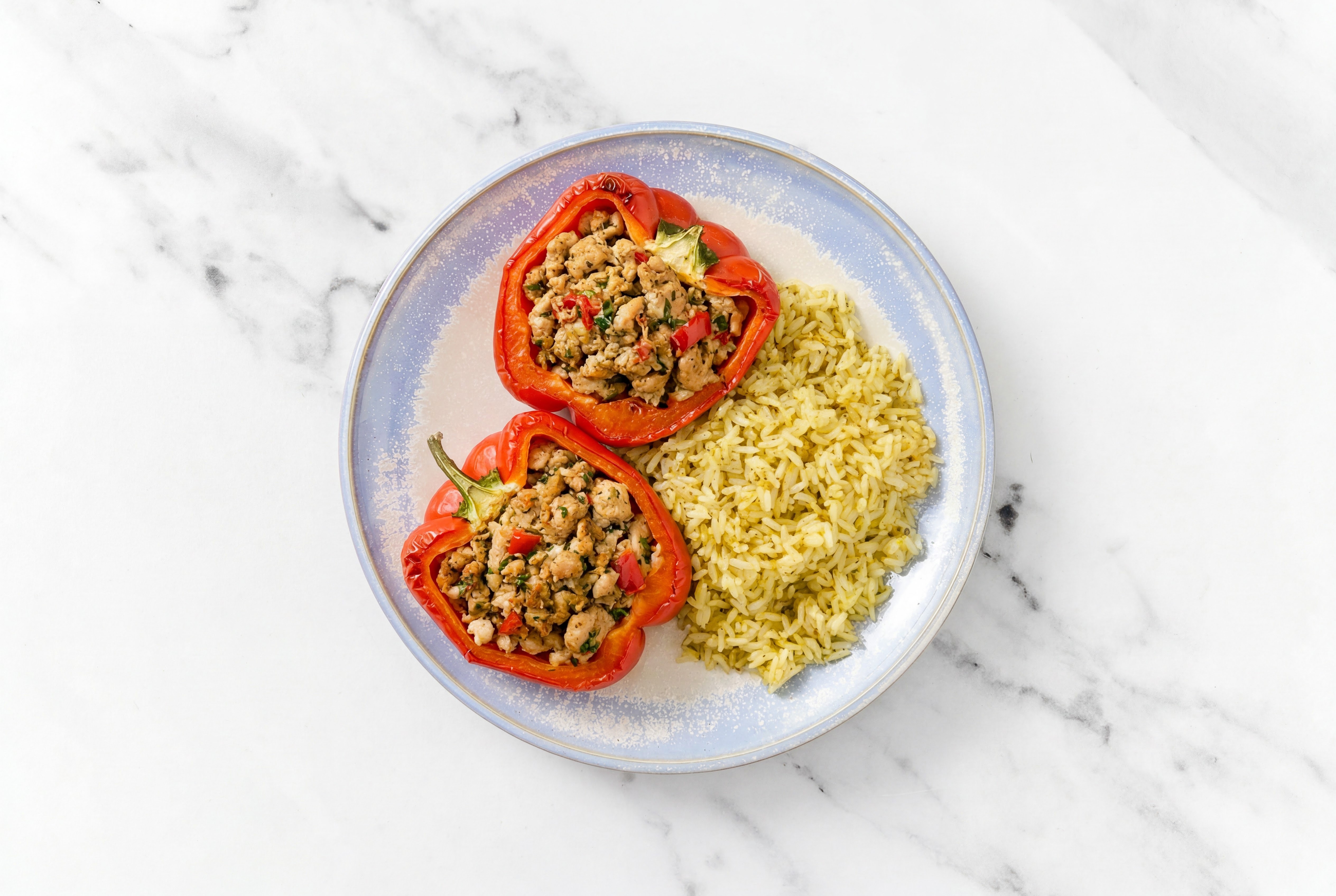 Tomato, Basil, Garlic Chicken Stuffed Peppers w/ Rice