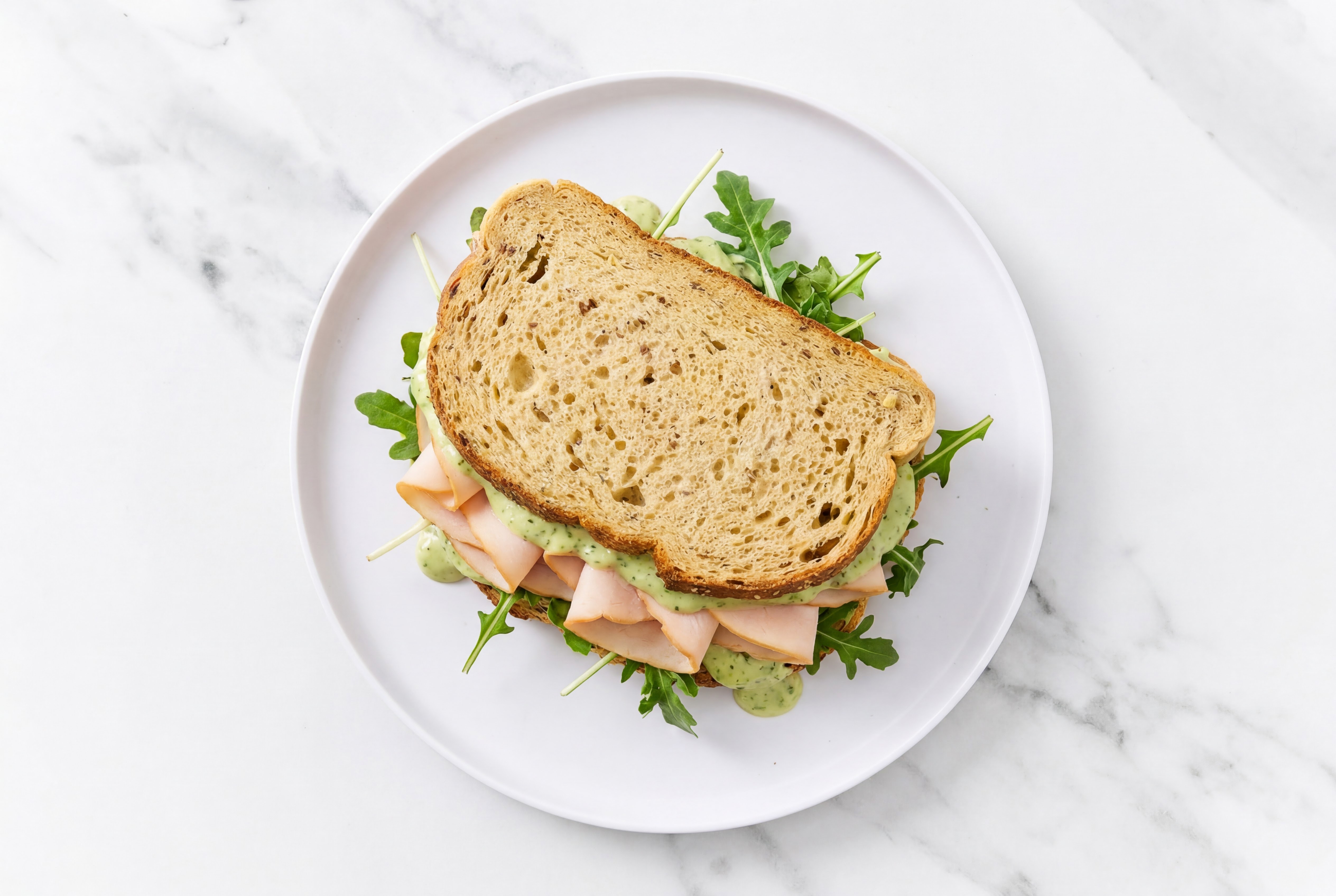 Oven Roasted Turkey Breast + Arugula Sandwich with Multigrain Bread + Vegan Green Goddess Dressing