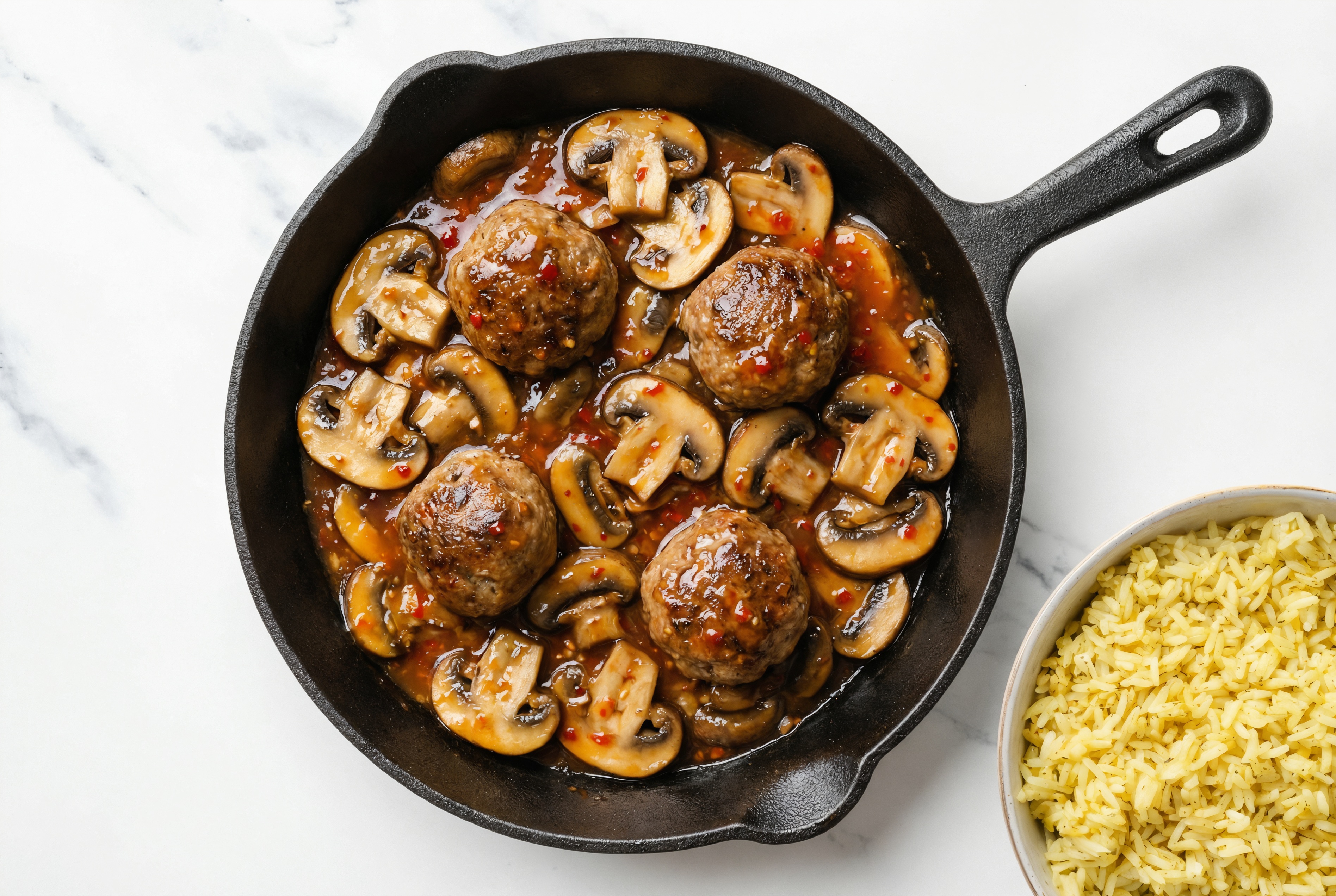 Sweet Chili Meatball Stir-Fry with Mushrooms over Jasmine Rice