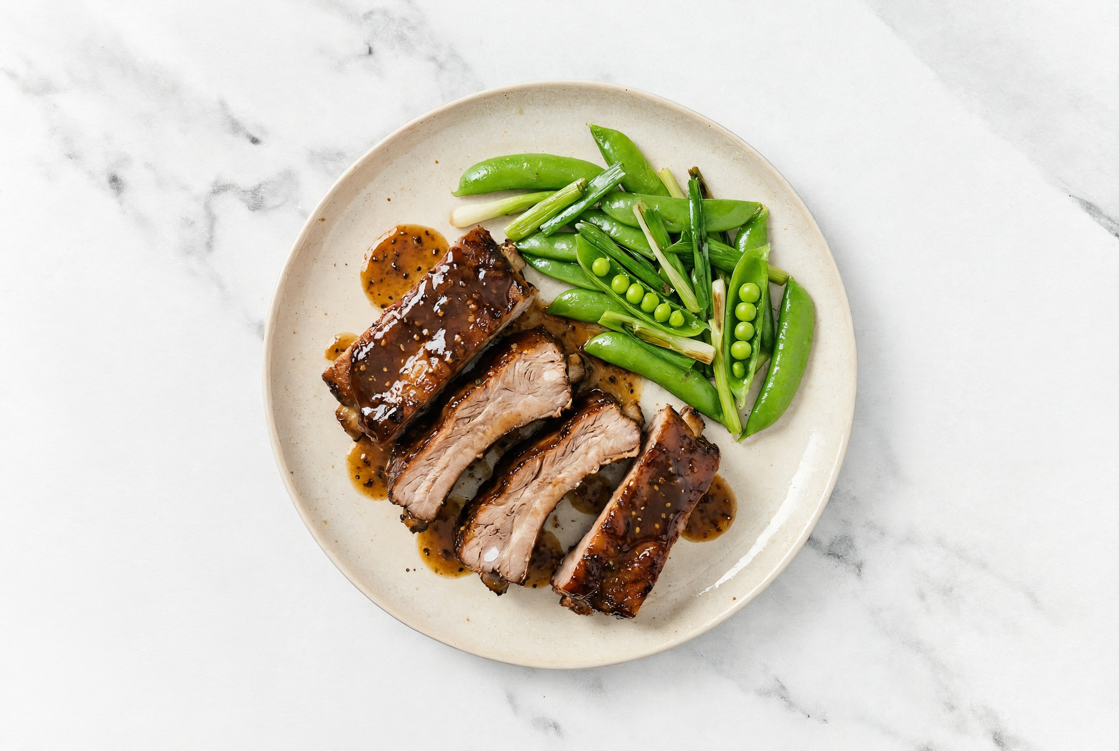 Tangy Black Pepper Ribs + Spring Onion Pea Snaps