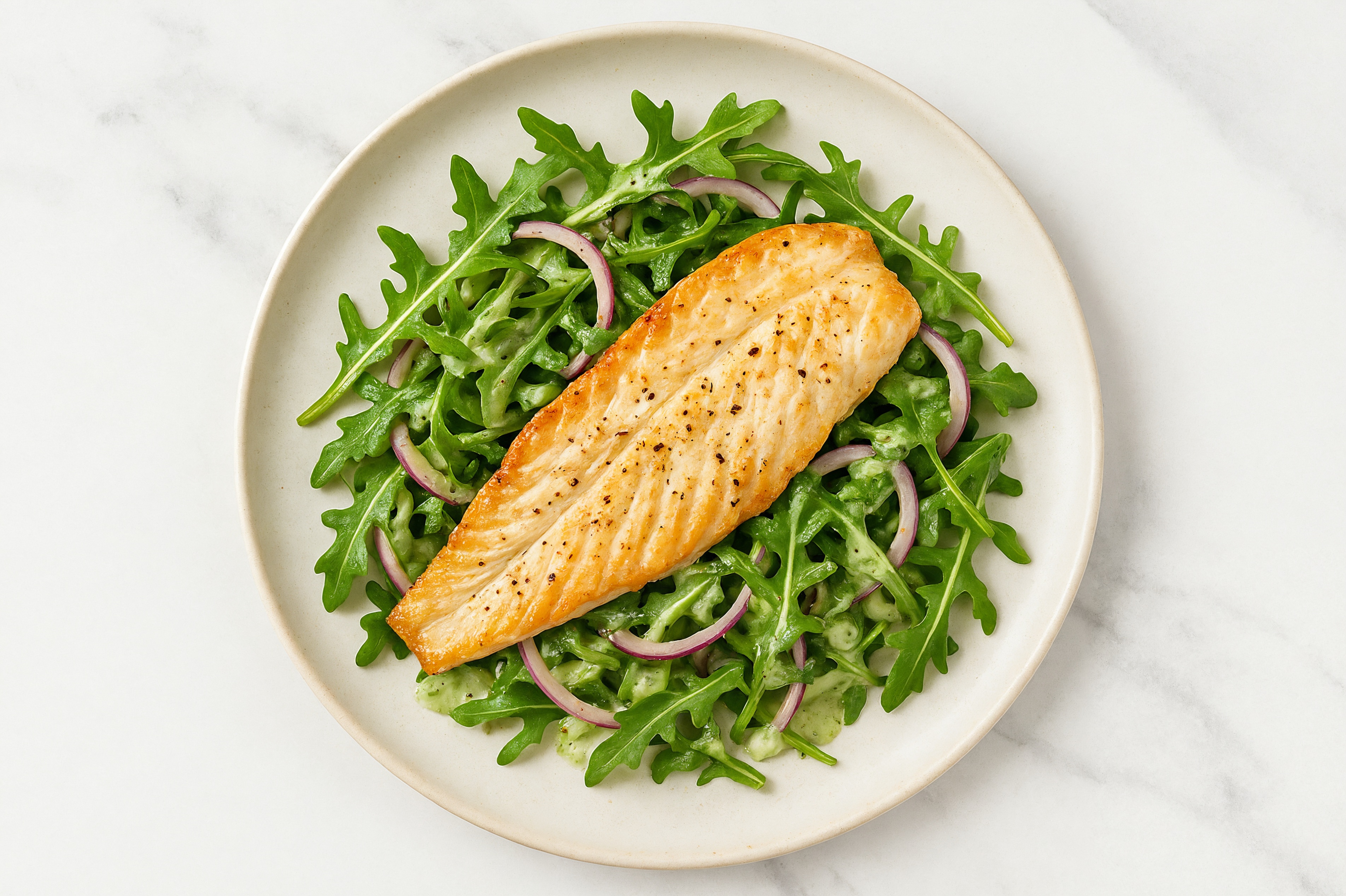 Arugula Salad with Trout, Onion & Green Goddess Dressing